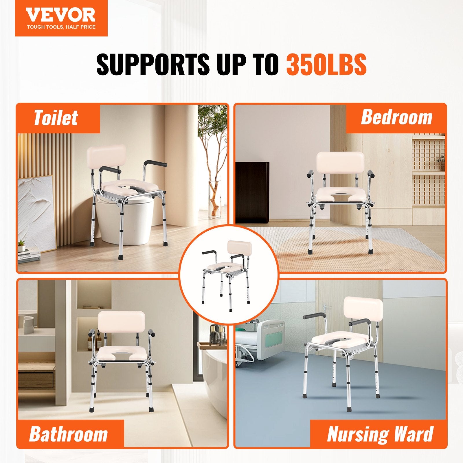 Mobility & Accessibility: VEVOR Commode Chair, Bedside Commode with Padded Seat, Drop-Down Arms, 7-Level Adjustable Height, 5.8L Removable Bucket, Easy to Assemble, 350LBS Capacity, Portable Toilet for Adults Seniors