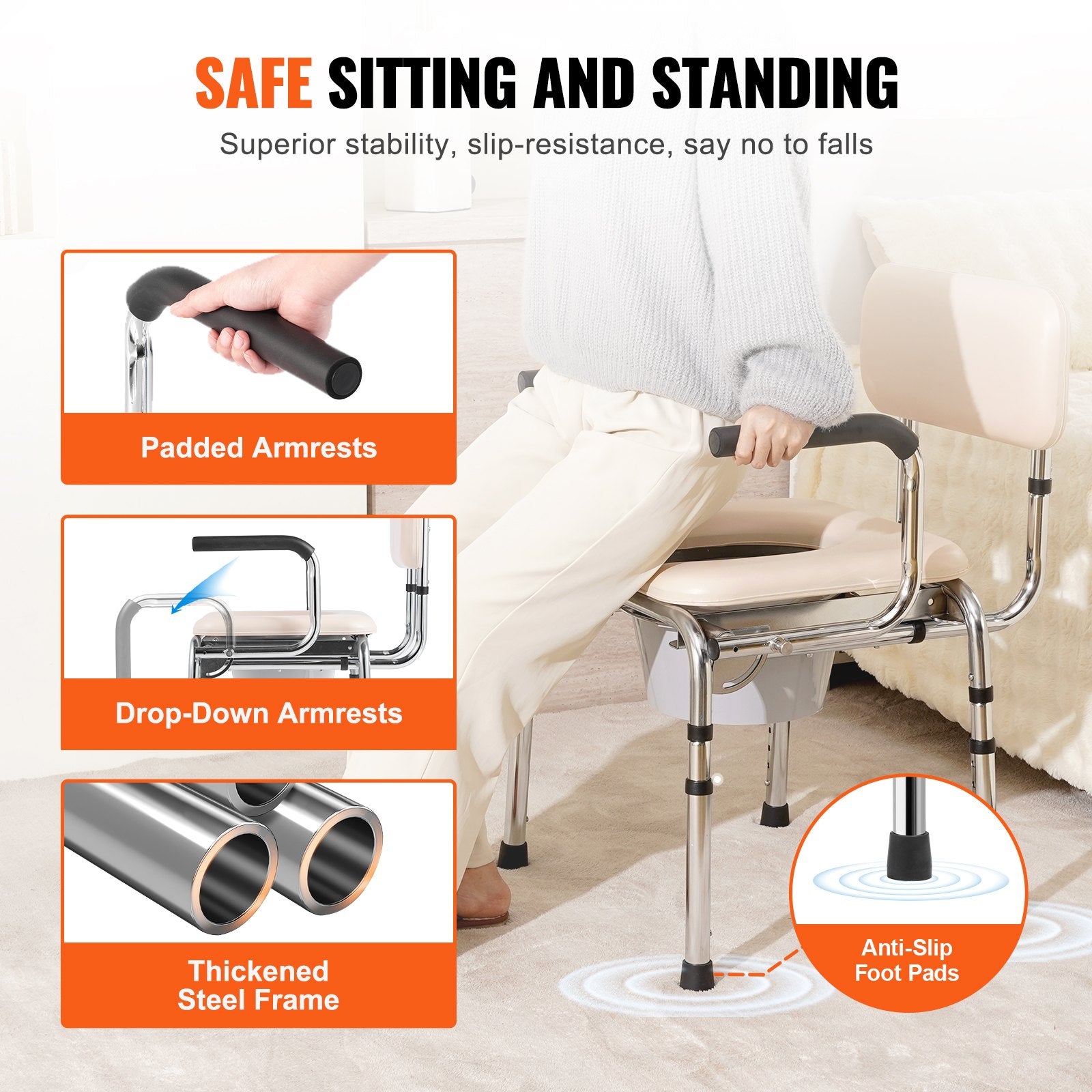 Mobility & Accessibility: VEVOR Commode Chair, Bedside Commode with Padded Seat, Drop-Down Arms, 7-Level Adjustable Height, 5.8L Removable Bucket, Easy to Assemble, 350LBS Capacity, Portable Toilet for Adults Seniors