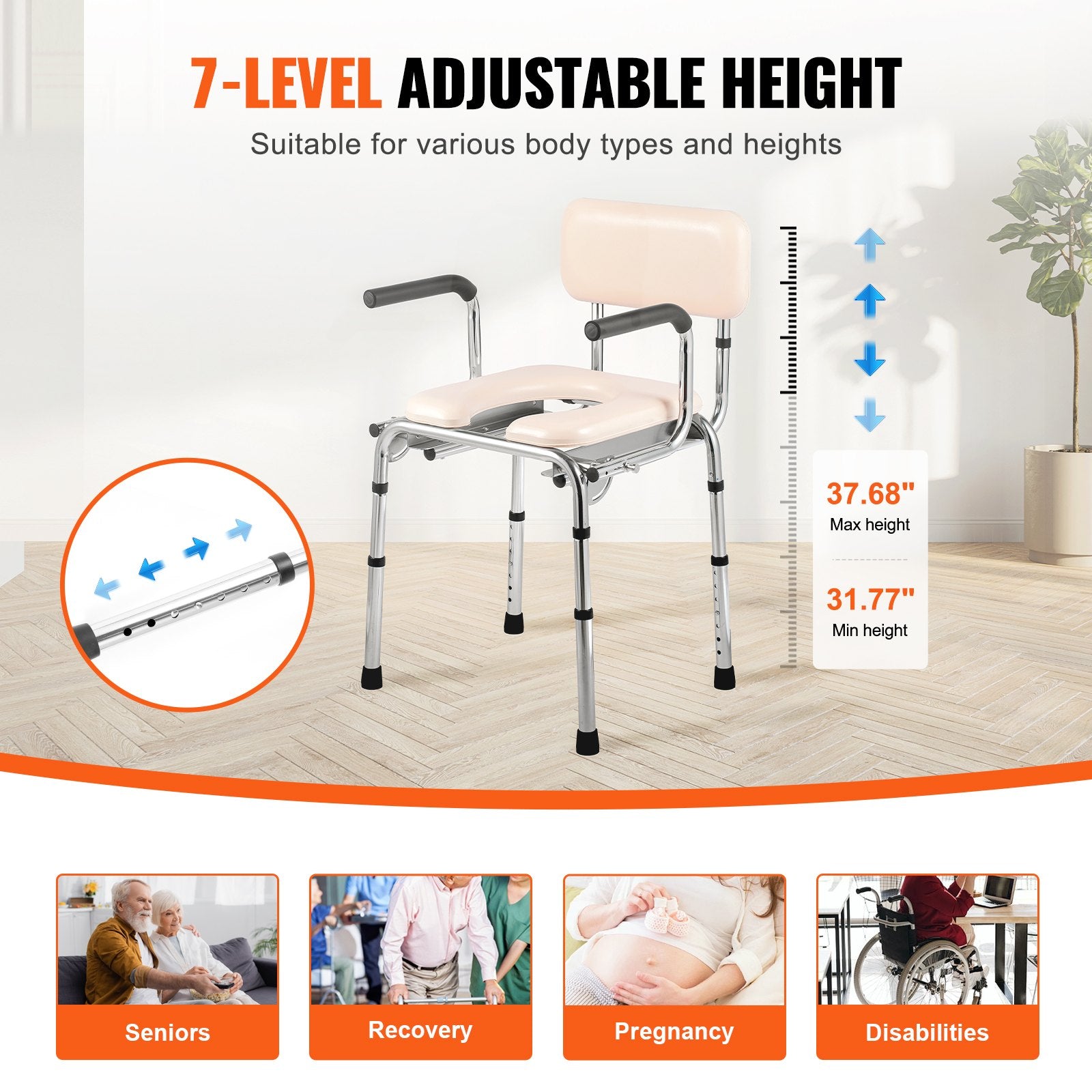Mobility & Accessibility: VEVOR Commode Chair, Bedside Commode with Padded Seat, Drop-Down Arms, 7-Level Adjustable Height, 5.8L Removable Bucket, Easy to Assemble, 350LBS Capacity, Portable Toilet for Adults Seniors