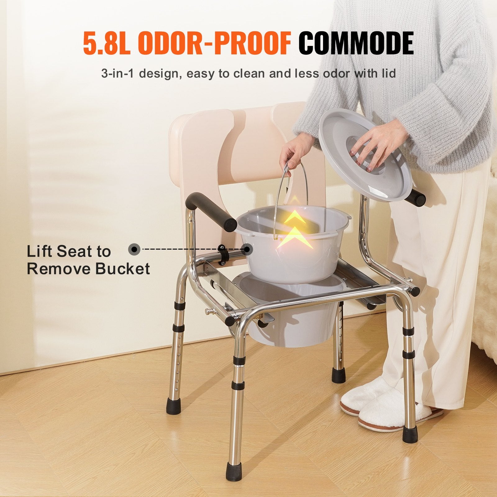 Mobility & Accessibility: VEVOR Commode Chair, Bedside Commode with Padded Seat, Drop-Down Arms, 7-Level Adjustable Height, 5.8L Removable Bucket, Easy to Assemble, 350LBS Capacity, Portable Toilet for Adults Seniors