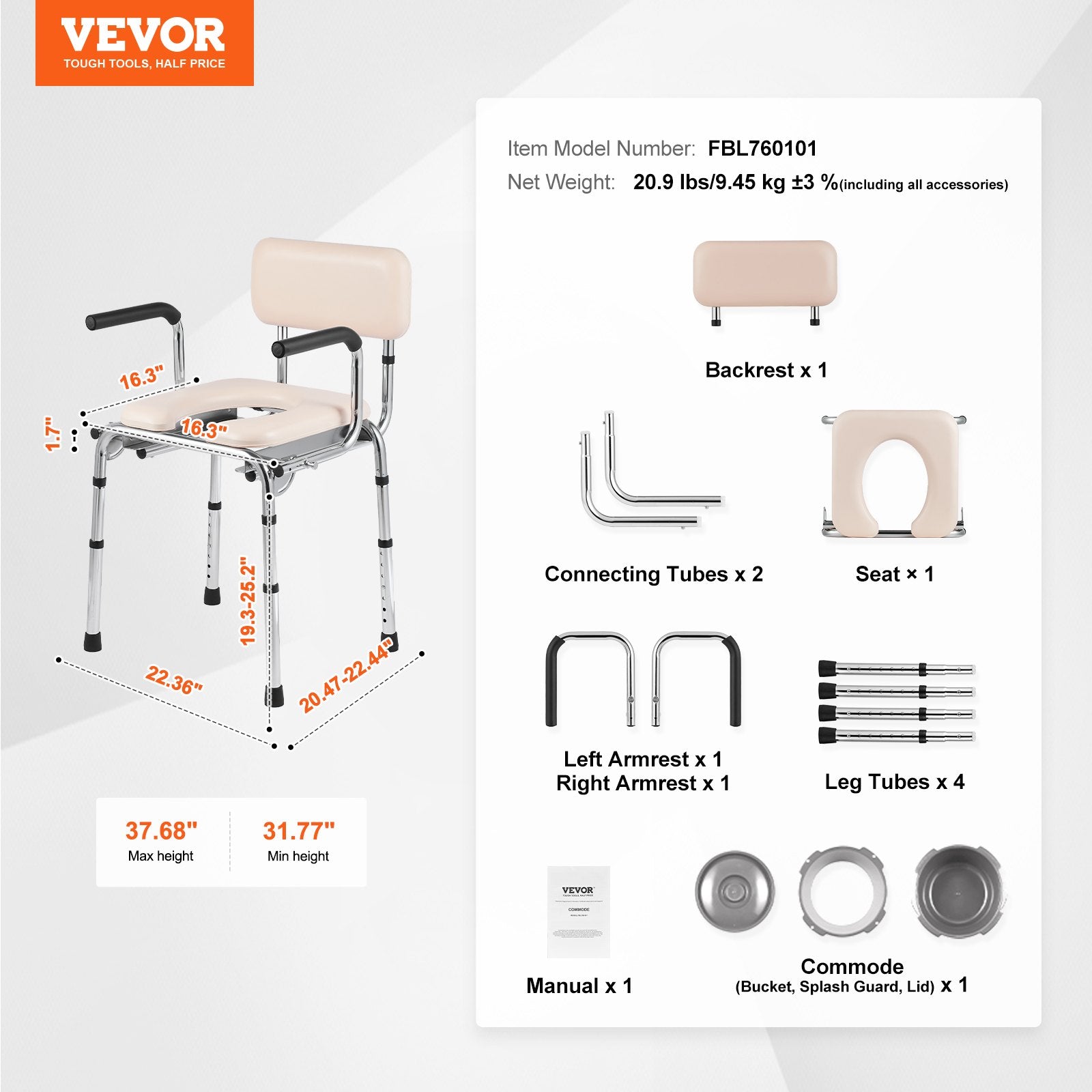 Mobility & Accessibility: VEVOR Commode Chair, Bedside Commode with Padded Seat, Drop-Down Arms, 7-Level Adjustable Height, 5.8L Removable Bucket, Easy to Assemble, 350LBS Capacity, Portable Toilet for Adults Seniors