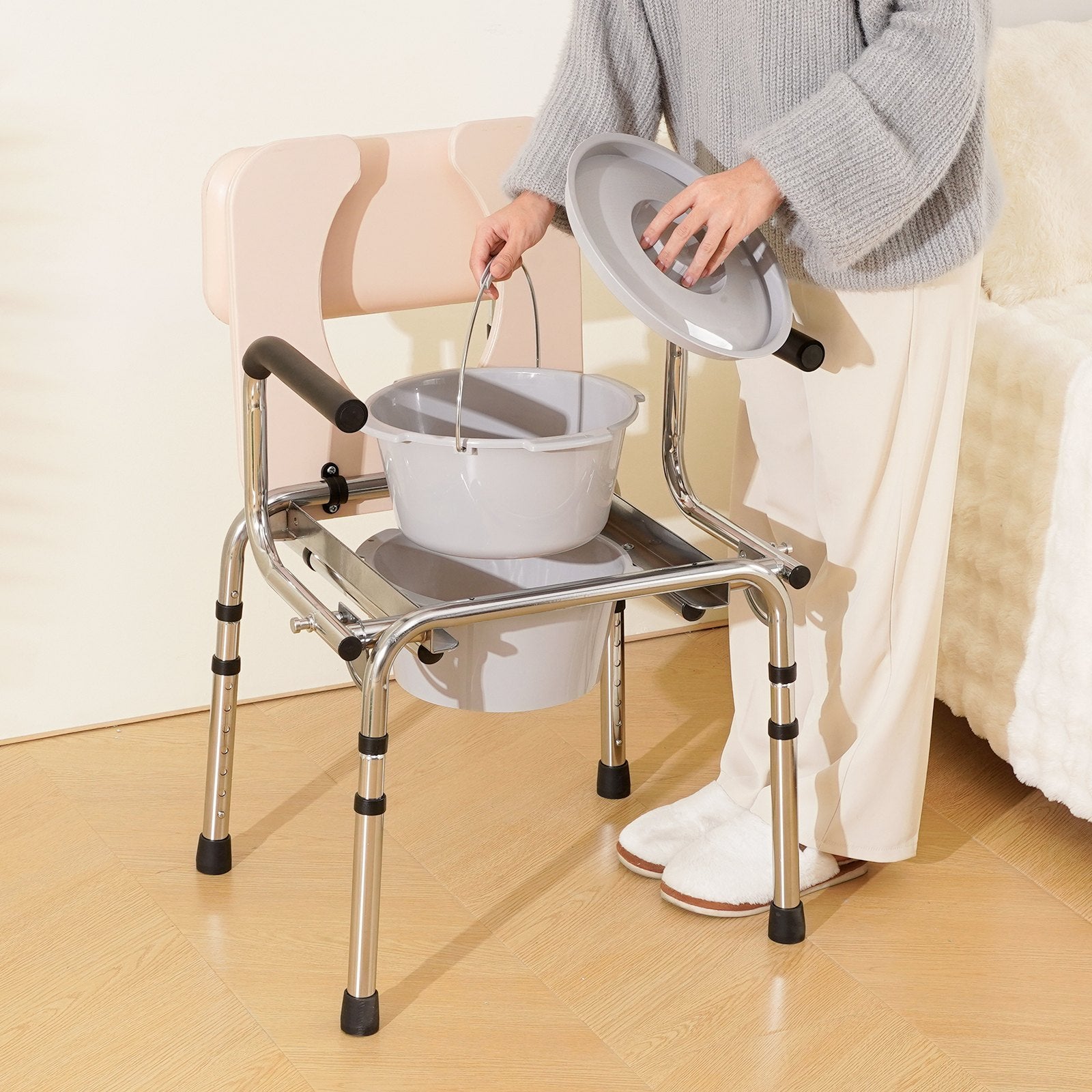 Mobility & Accessibility: VEVOR Commode Chair, Bedside Commode with Padded Seat, Drop-Down Arms, 7-Level Adjustable Height, 5.8L Removable Bucket, Easy to Assemble, 350LBS Capacity, Portable Toilet for Adults Seniors