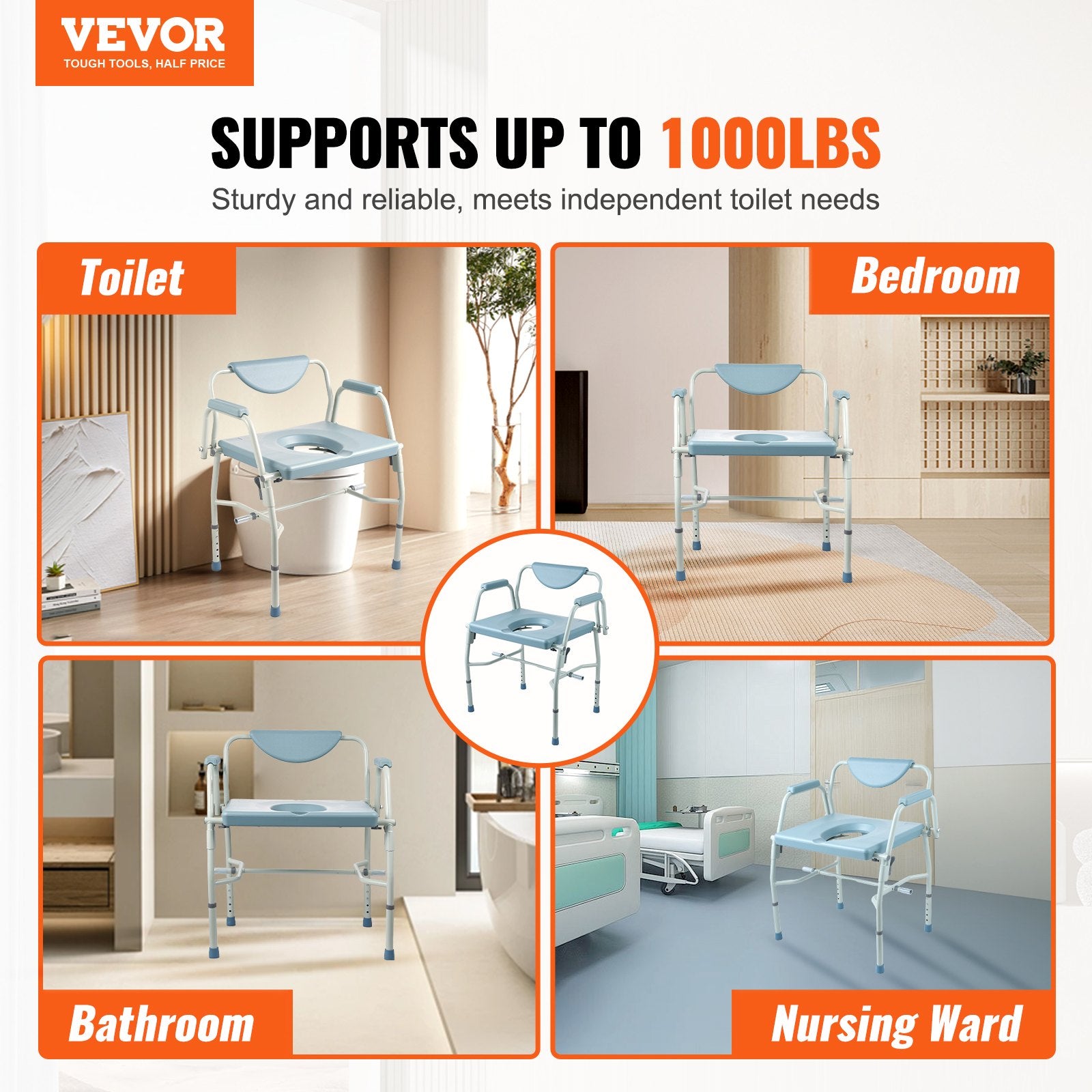 Cosmetics: VEVOR Commode Chair, Bedside Commode with Drop-Down Arms and Detachable Backrest, 5-Level Adjustable Height, 7L Removable Bucket, Easy to Assemble, 1000LBS Capacity, Portable Toilet for Adults Seniors