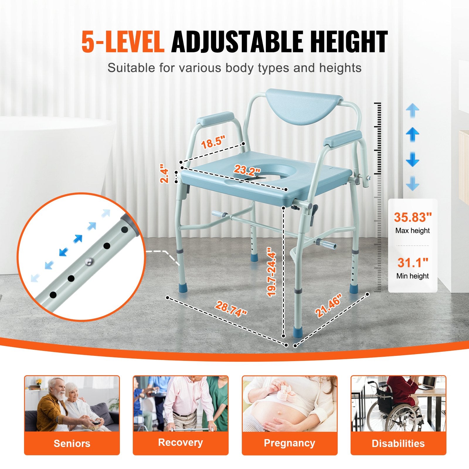 Cosmetics: VEVOR Commode Chair, Bedside Commode with Drop-Down Arms and Detachable Backrest, 5-Level Adjustable Height, 7L Removable Bucket, Easy to Assemble, 1000LBS Capacity, Portable Toilet for Adults Seniors