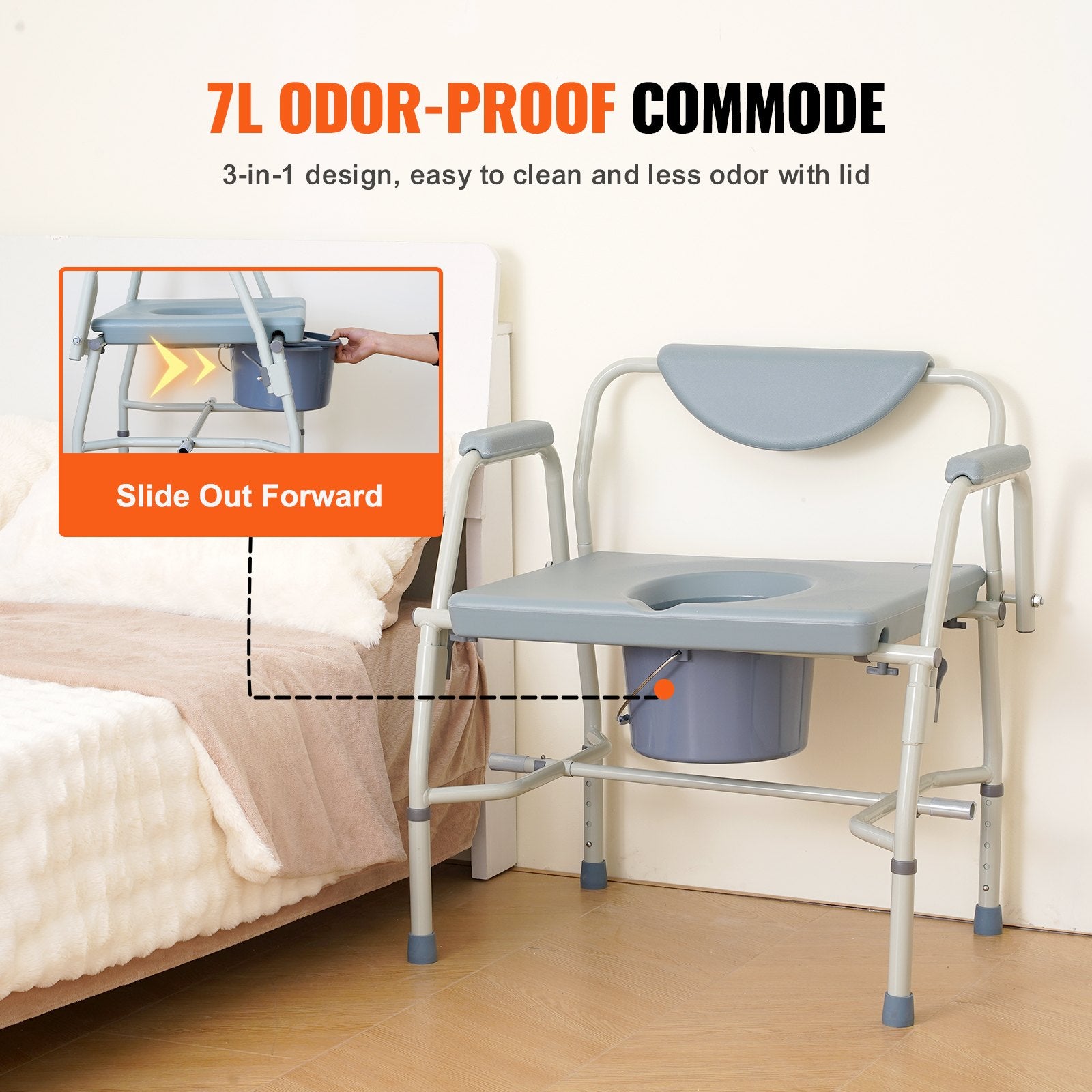 Cosmetics: VEVOR Commode Chair, Bedside Commode with Drop-Down Arms and Detachable Backrest, 5-Level Adjustable Height, 7L Removable Bucket, Easy to Assemble, 1000LBS Capacity, Portable Toilet for Adults Seniors