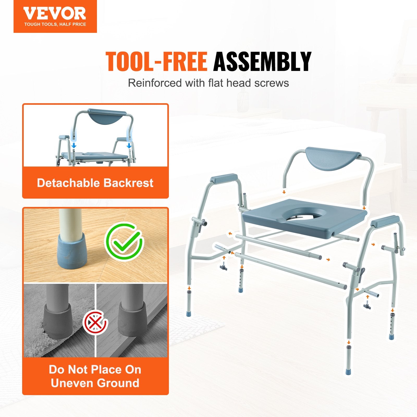Cosmetics: VEVOR Commode Chair, Bedside Commode with Drop-Down Arms and Detachable Backrest, 5-Level Adjustable Height, 7L Removable Bucket, Easy to Assemble, 1000LBS Capacity, Portable Toilet for Adults Seniors