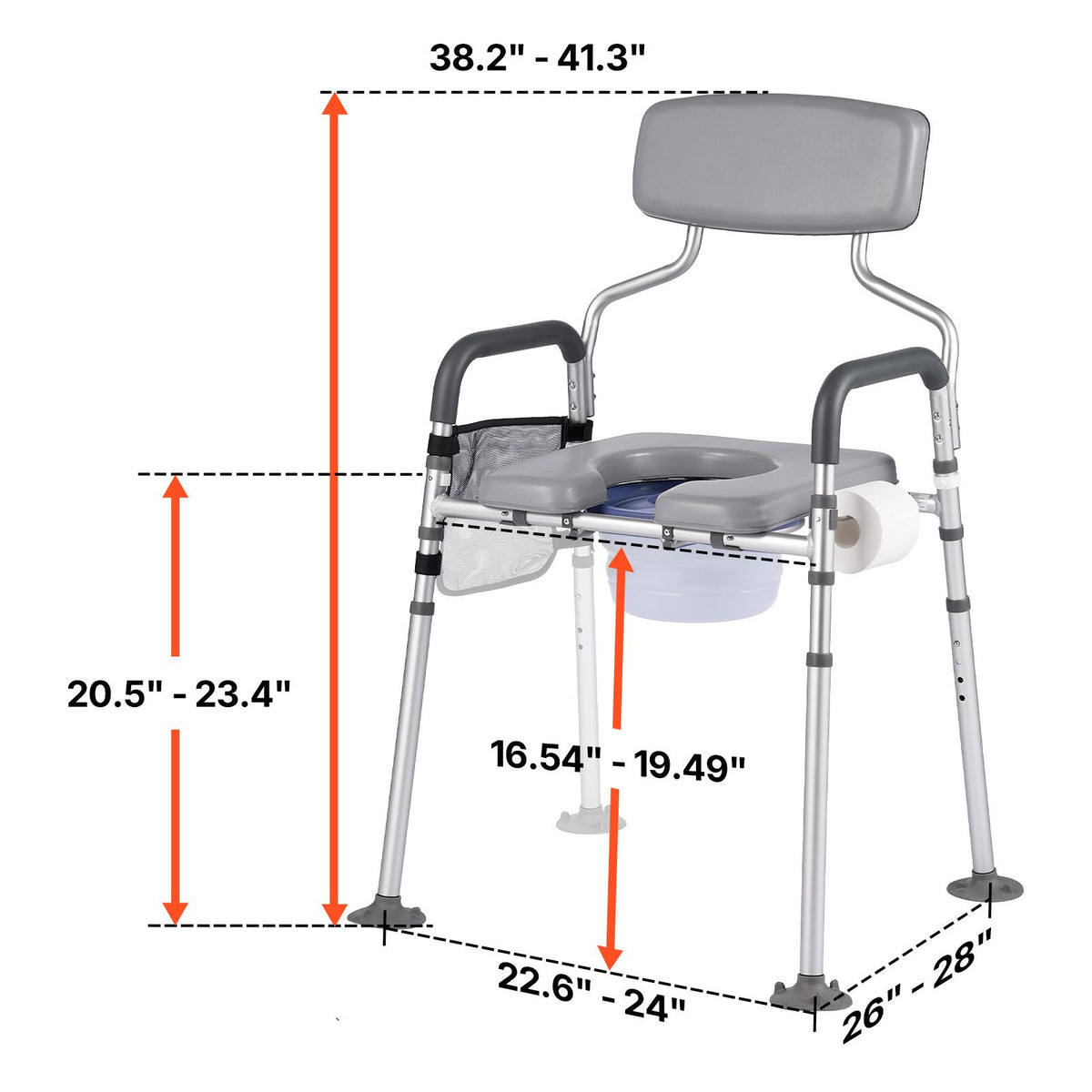 Bedside Commode Chair, 227 kg Capacity, 4-in-1 Portable Toilet and Raised Toilet Seat with Padded Seat & Backrest, Detachable 5L Bucket, Adjustable Height & Width Adult Potty Chair for Seniors