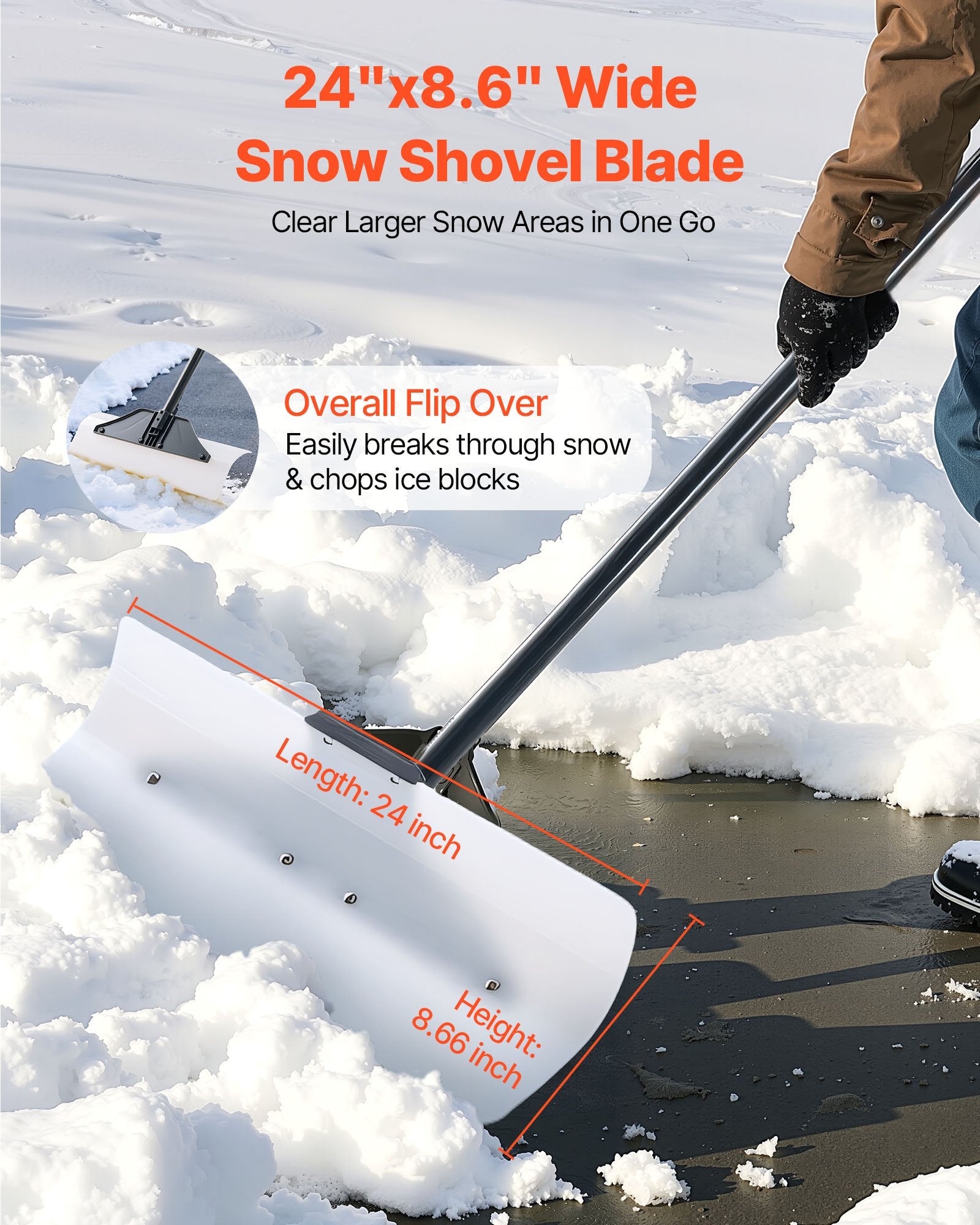 Gardening Tools: VEVOR Snow Pusher Shovel, 61 cm Wide Outdoor Snowplow Shovel with Ergonomic Grip, HDPE Plastic Blade, Winter Shovels with Segmented Handle, Portable Snow Removal Tool for Driveway Garden Camping