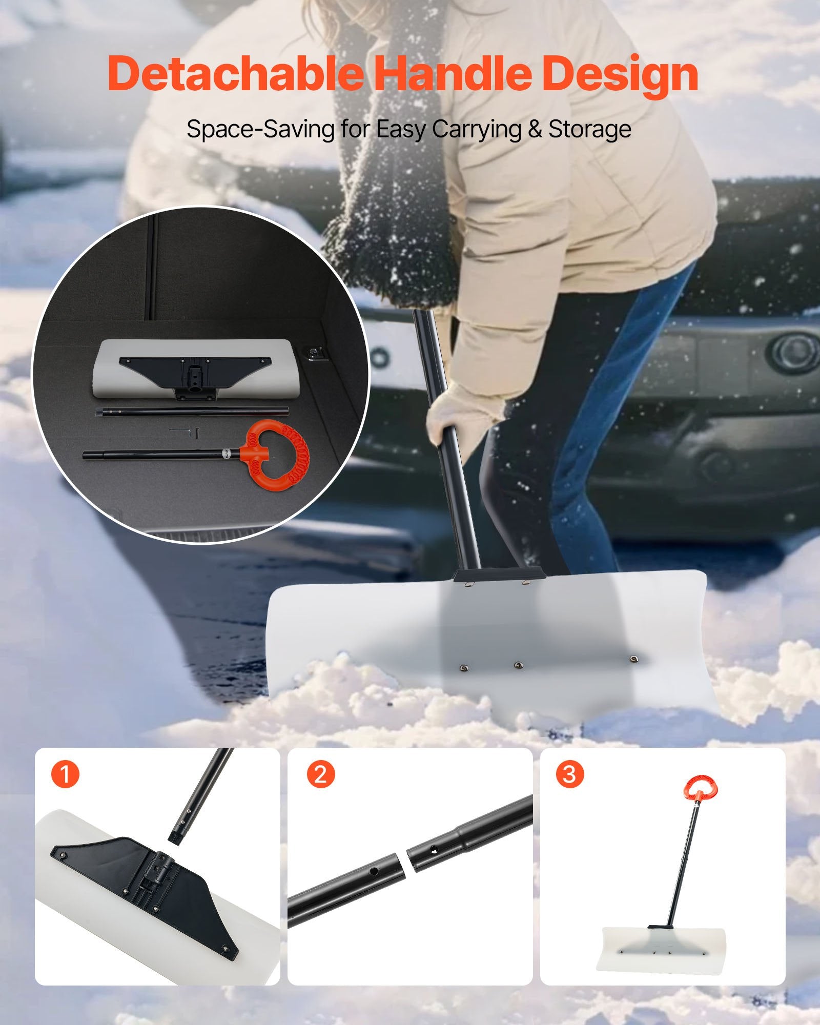 Gardening Tools: VEVOR Snow Pusher Shovel, 61 cm Wide Outdoor Snowplow Shovel with Ergonomic Grip, HDPE Plastic Blade, Winter Shovels with Segmented Handle, Portable Snow Removal Tool for Driveway Garden Camping