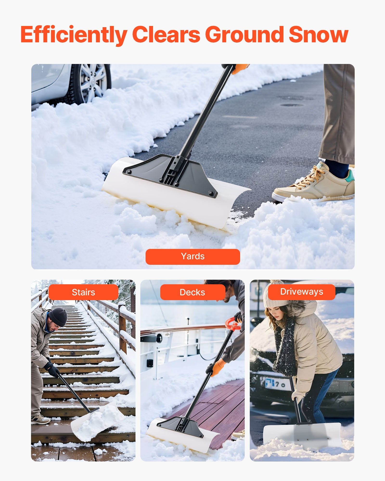 Gardening Tools: VEVOR Snow Pusher Shovel, 61 cm Wide Outdoor Snowplow Shovel with Ergonomic Grip, HDPE Plastic Blade, Winter Shovels with Segmented Handle, Portable Snow Removal Tool for Driveway Garden Camping