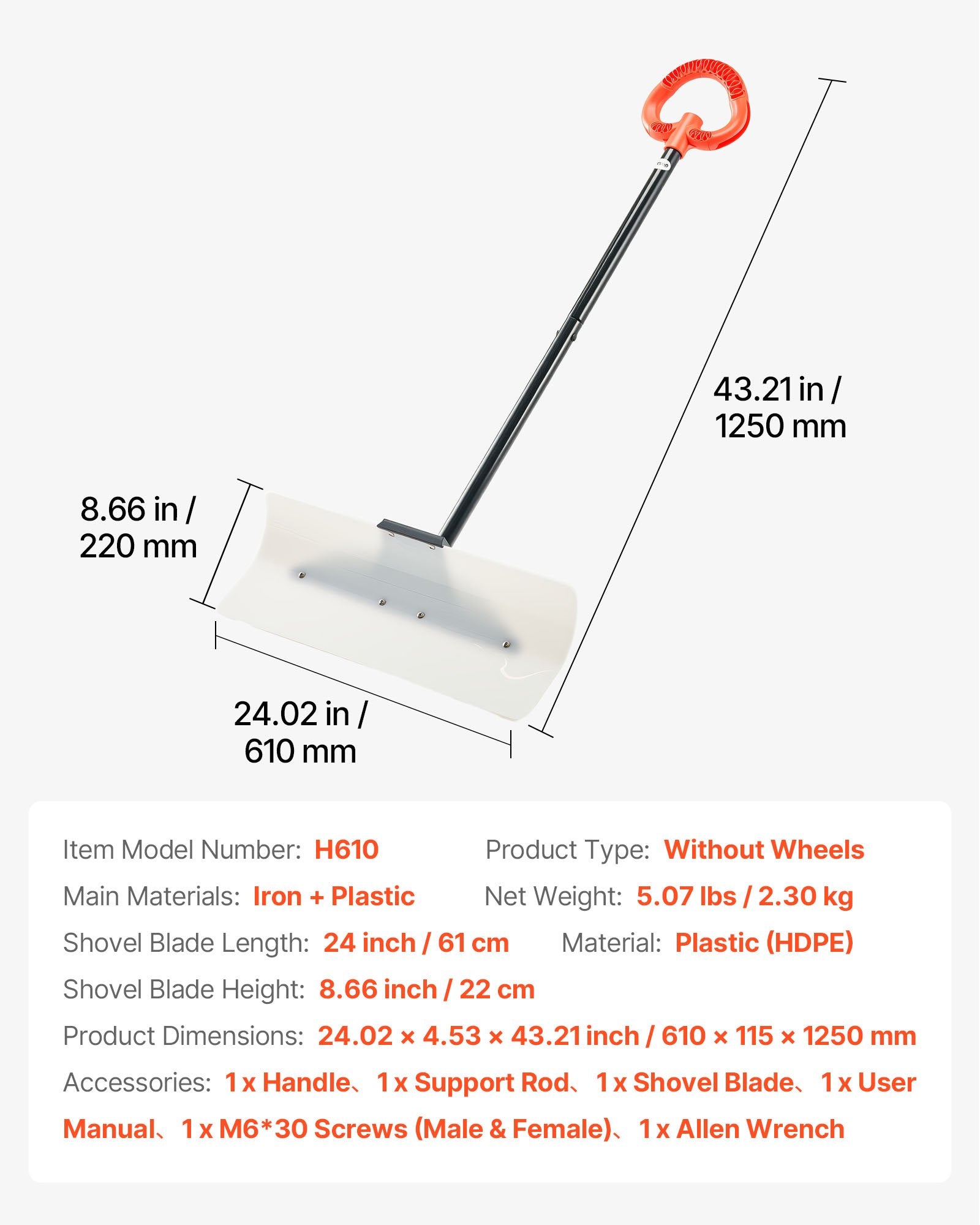 Gardening Tools: VEVOR Snow Pusher Shovel, 61 cm Wide Outdoor Snowplow Shovel with Ergonomic Grip, HDPE Plastic Blade, Winter Shovels with Segmented Handle, Portable Snow Removal Tool for Driveway Garden Camping