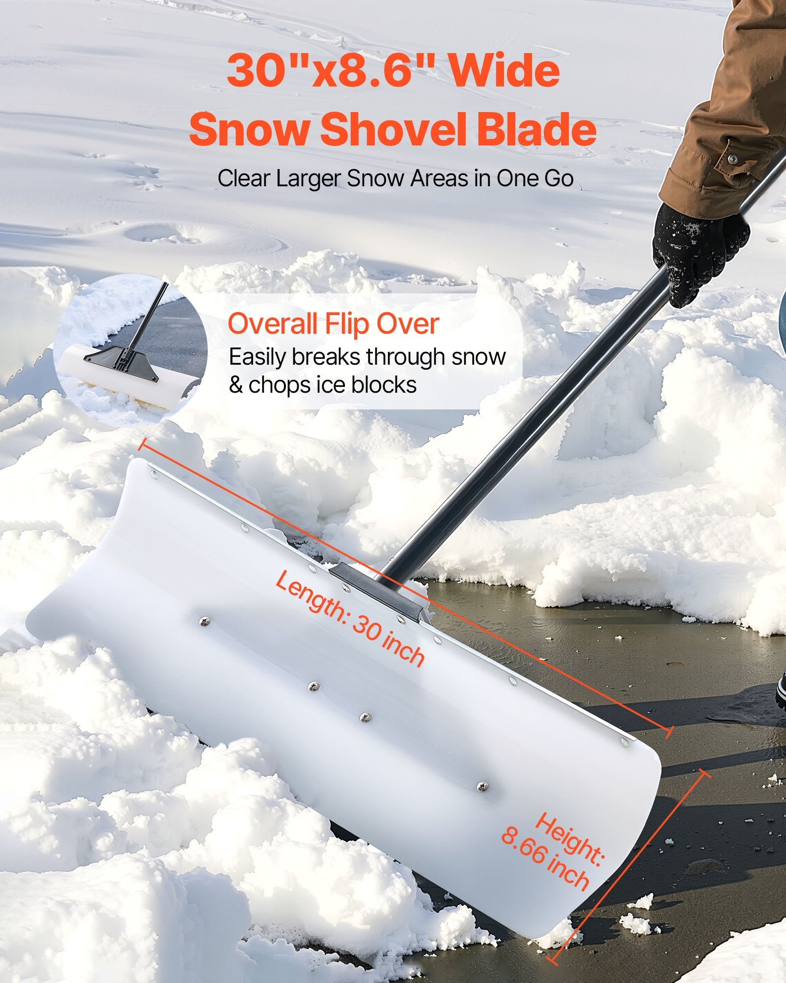 Gardening Tools: VEVOR Snow Pusher Shovel, 76.2 cm Outdoor Snowplow Shovel with Ergonomic Grip, HDPE Plastic Blade, Winter Shovels with Segmented Handle, Metal Edged Strip, Portable Snow Removal Tool for Driveway