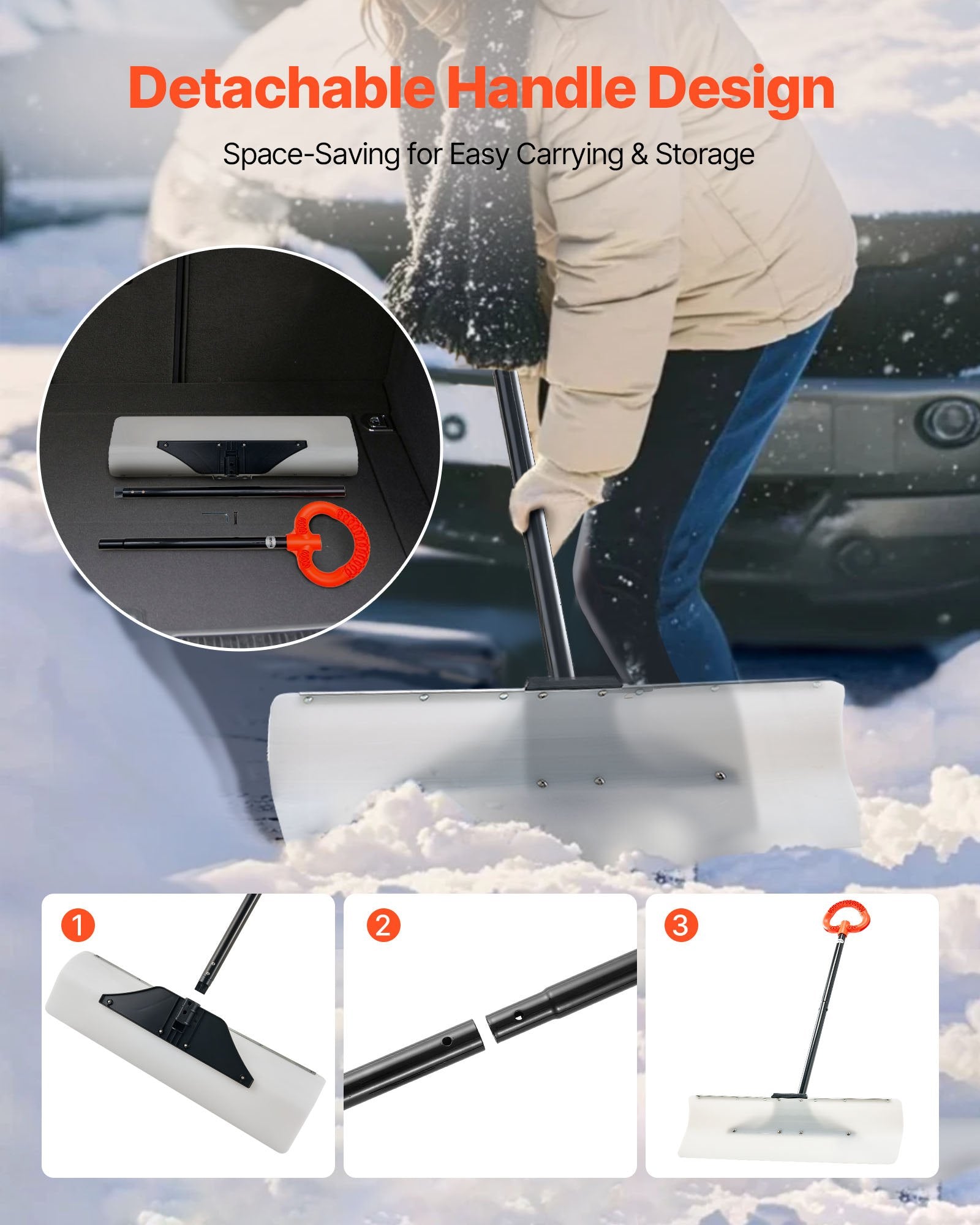 Gardening Tools: VEVOR Snow Pusher Shovel, 76.2 cm Outdoor Snowplow Shovel with Ergonomic Grip, HDPE Plastic Blade, Winter Shovels with Segmented Handle, Metal Edged Strip, Portable Snow Removal Tool for Driveway