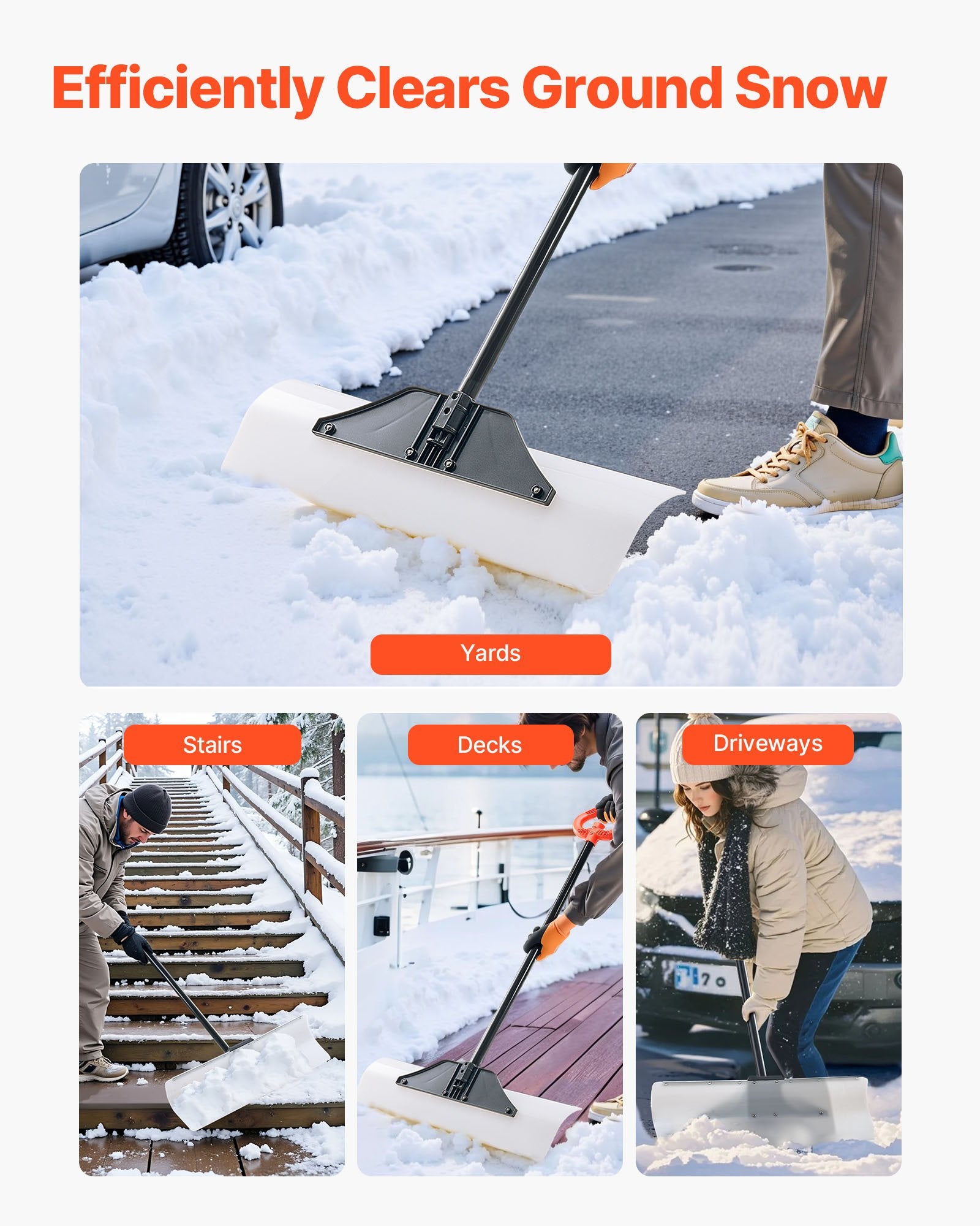 Gardening Tools: VEVOR Snow Pusher Shovel, 76.2 cm Outdoor Snowplow Shovel with Ergonomic Grip, HDPE Plastic Blade, Winter Shovels with Segmented Handle, Metal Edged Strip, Portable Snow Removal Tool for Driveway
