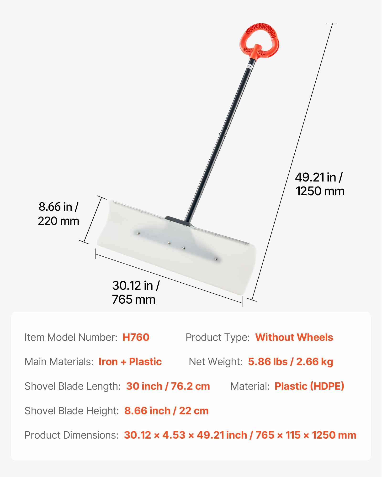 Gardening Tools: VEVOR Snow Pusher Shovel, 76.2 cm Outdoor Snowplow Shovel with Ergonomic Grip, HDPE Plastic Blade, Winter Shovels with Segmented Handle, Metal Edged Strip, Portable Snow Removal Tool for Driveway