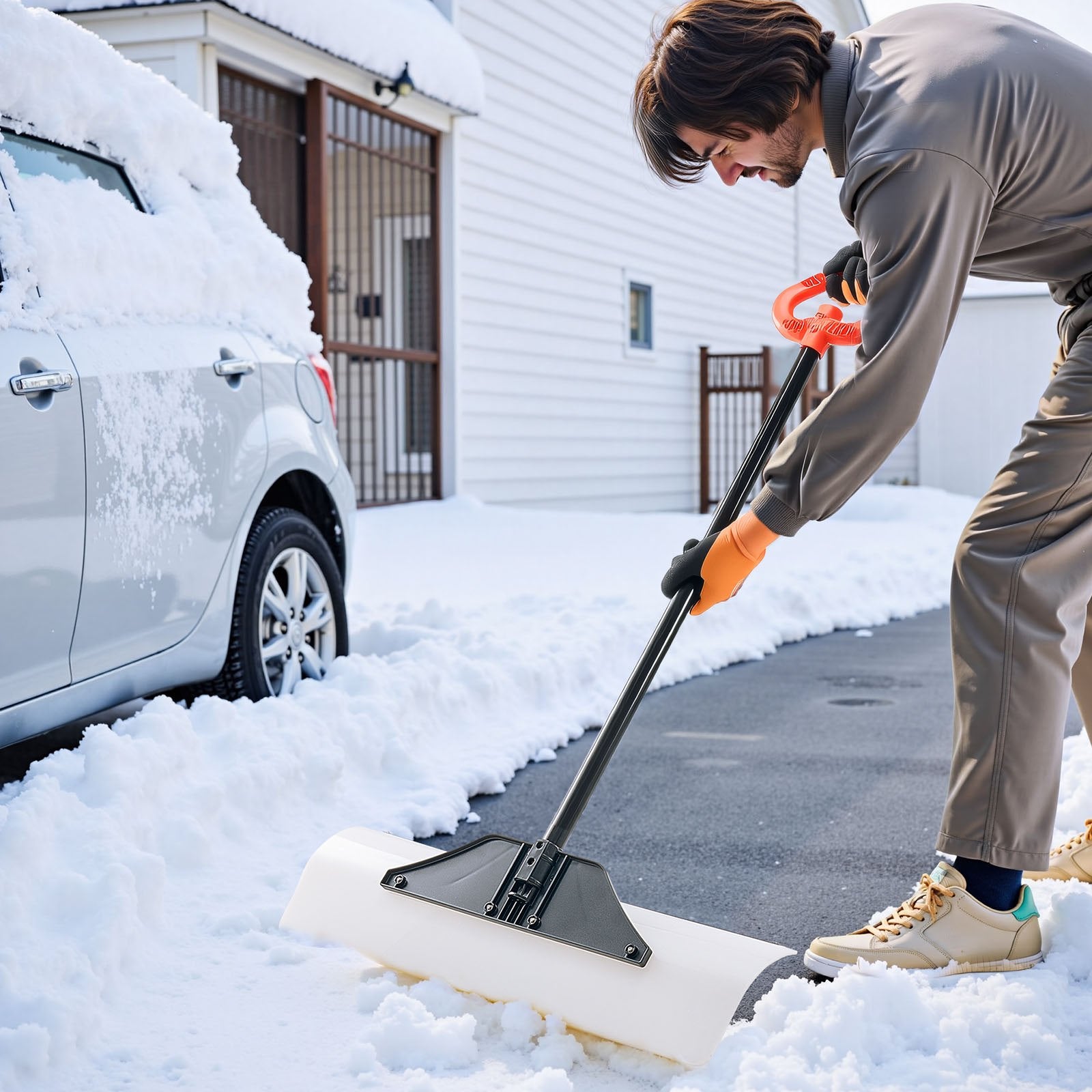 Gardening Tools: VEVOR Snow Pusher Shovel, 76.2 cm Outdoor Snowplow Shovel with Ergonomic Grip, HDPE Plastic Blade, Winter Shovels with Segmented Handle, Metal Edged Strip, Portable Snow Removal Tool for Driveway