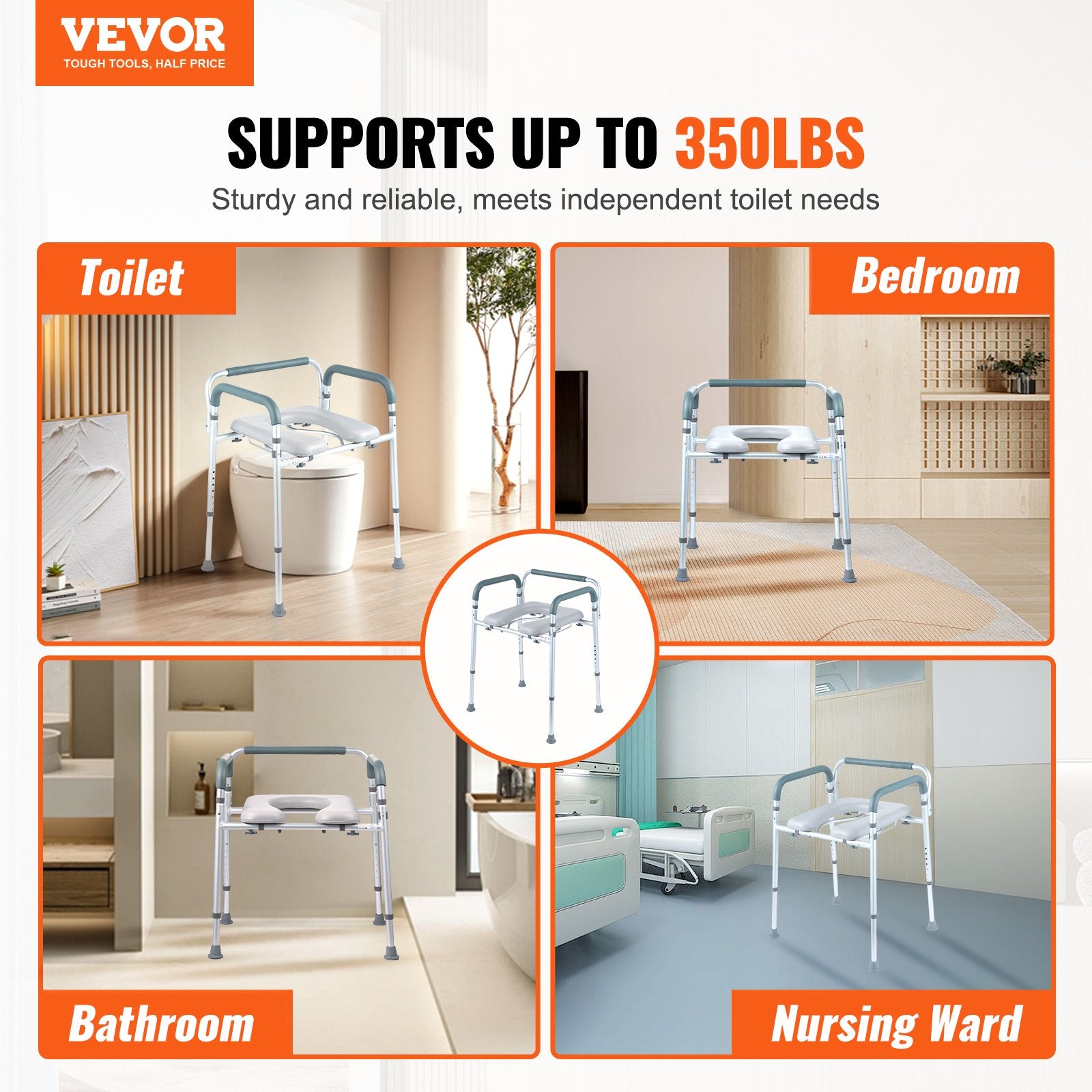 Commode Chair, Bedside Commode with Padded Seat and Arms, 7-Level Adjustable Height, 5.8L Removable Bucket, Easy to Assemble, 350 LBS Capacity, Raised Toilet Seat for Adults Seniors