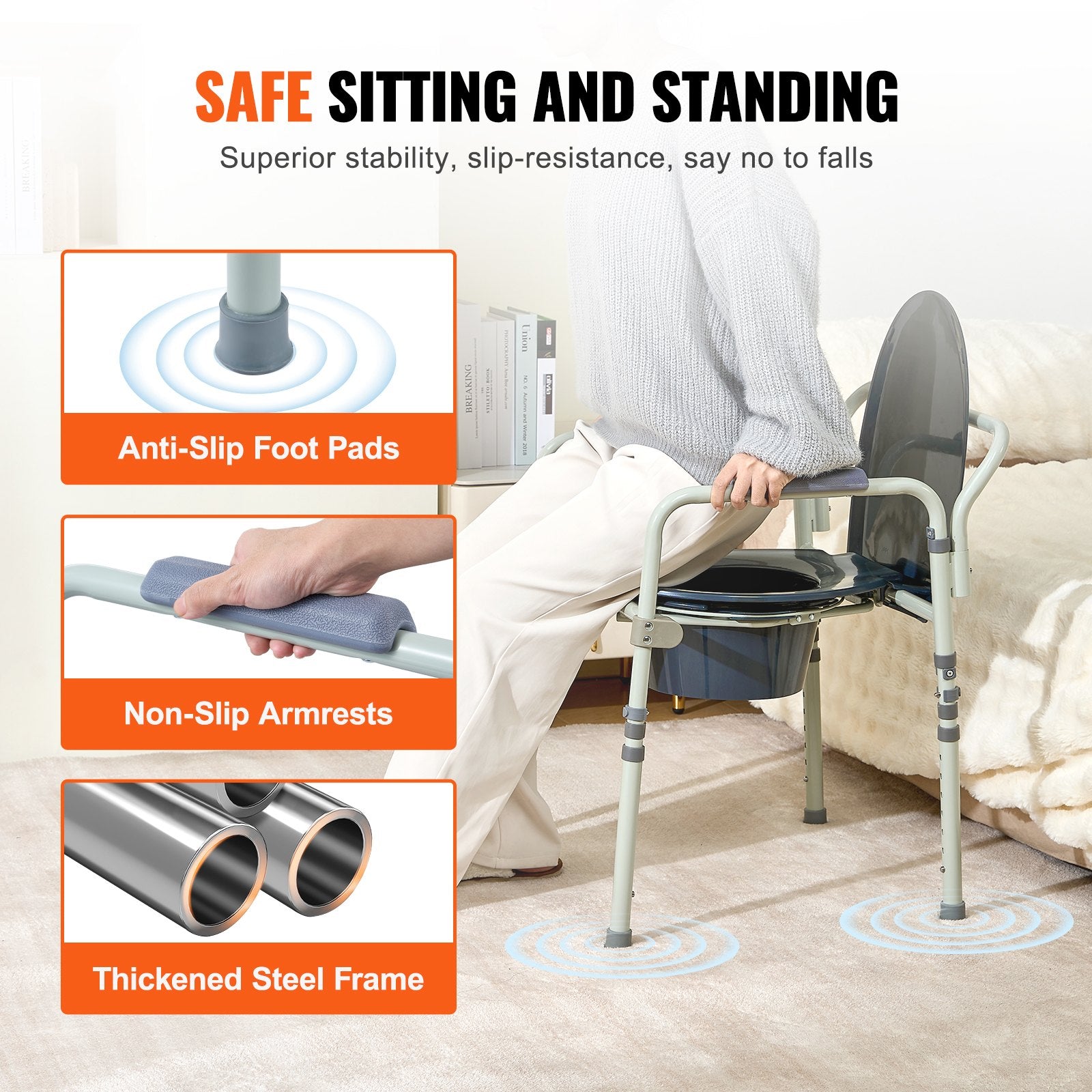 Mobility & Accessibility: VEVOR Commode Chair, Bedside Commode with Wider Toilet Seat, 7-Level Adjustable Height, 5.8L Removable Bucket, Easy to Assemble, 350 LBS Capacity, Raised Toilet Seat for Adults Seniors