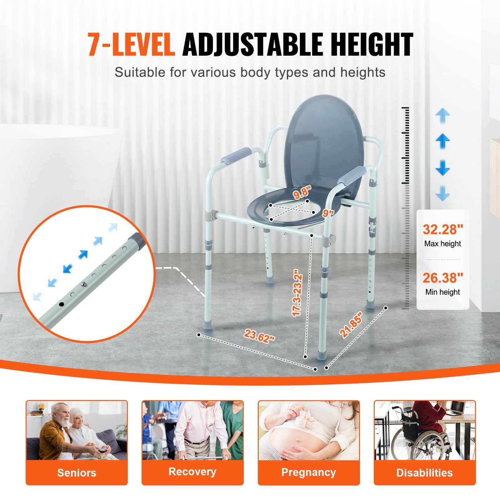 Mobility & Accessibility: VEVOR Commode Chair, Bedside Commode with Wider Toilet Seat, 7-Level Adjustable Height, 5.8L Removable Bucket, Easy to Assemble, 350 LBS Capacity, Raised Toilet Seat for Adults Seniors