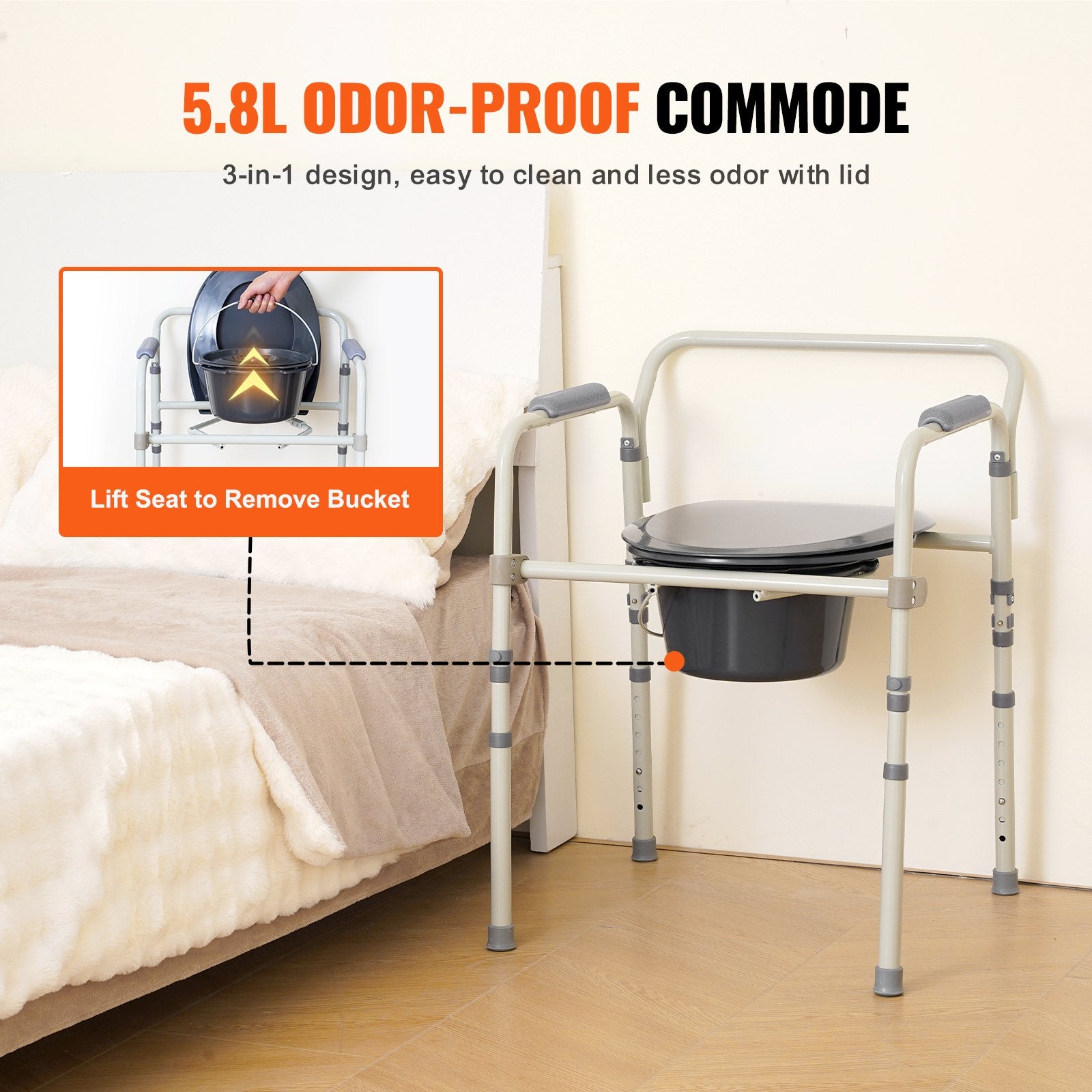 Mobility & Accessibility: VEVOR Commode Chair, Bedside Commode with Wider Toilet Seat, 7-Level Adjustable Height, 5.8L Removable Bucket, Easy to Assemble, 350 LBS Capacity, Raised Toilet Seat for Adults Seniors