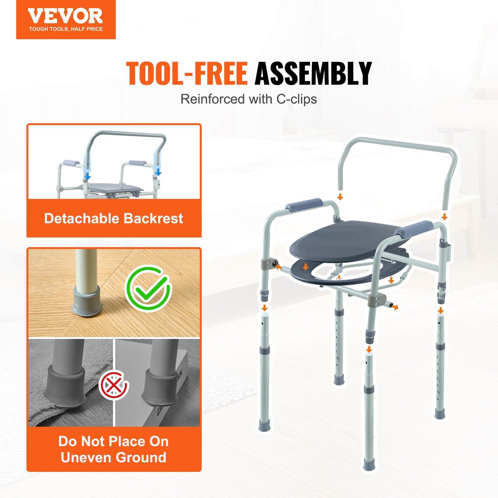 Mobility & Accessibility: VEVOR Commode Chair, Bedside Commode with Wider Toilet Seat, 7-Level Adjustable Height, 5.8L Removable Bucket, Easy to Assemble, 350 LBS Capacity, Raised Toilet Seat for Adults Seniors