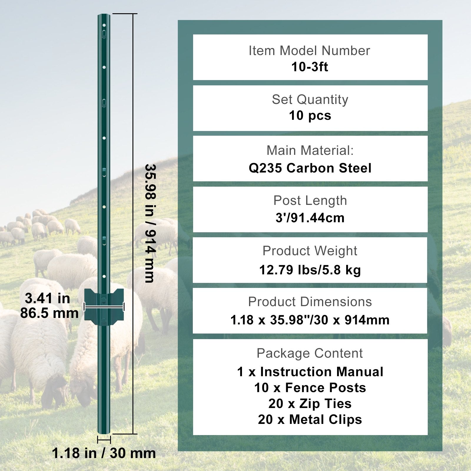 Vases & Table Decor: VEVOR 3 Feet Fence Post, 10 Pack U-Channel Heavy Duty Metal Fence Posts, Sturdy Steel Fence Stakes for Garden Yard, Lawn, Farms and Outdoor Wire Fencing, Green