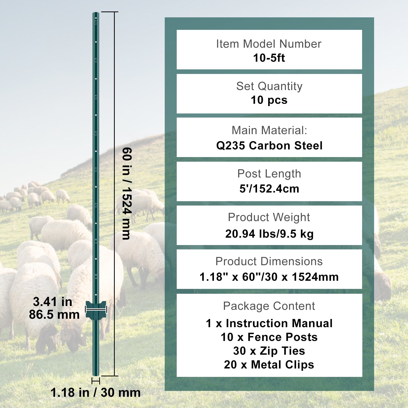 Traffic Control & Parking Tools: VEVOR 5 Feet Fence Post 10 Pack T-Post Heavy Duty Metal Fence Posts Green
