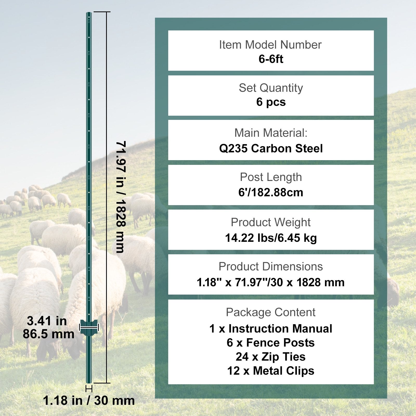 Traffic Control & Parking Tools: VEVOR 6 Feet Fence Post 6 Pack T-Post Heavy Duty Metal Fence Posts Green