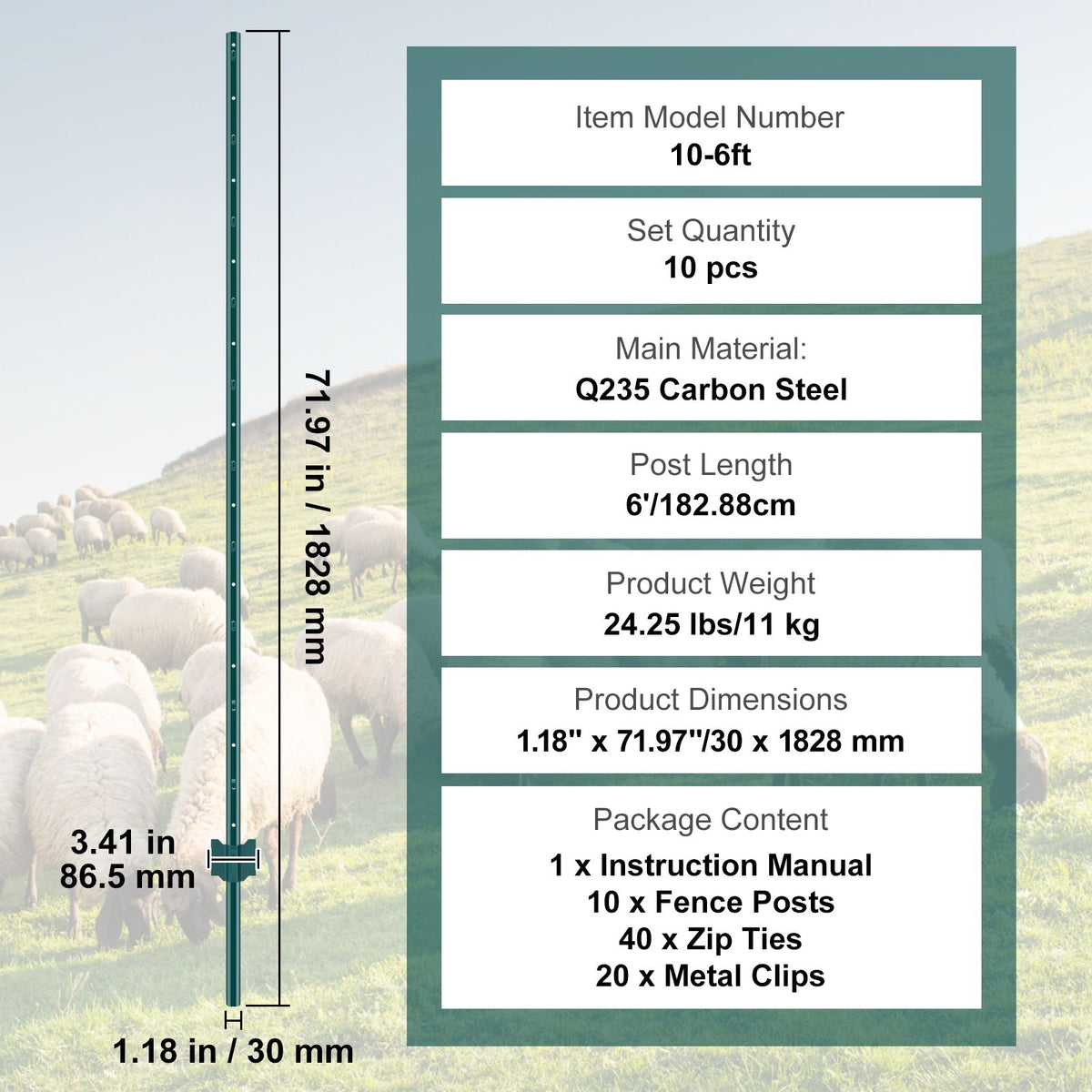 6 Feet Fence Post, 10 Pack U-Channel Heavy Duty Metal Fence Posts, Sturdy Steel Fence Stakes for Garden Yard, Lawn, Farms and Outdoor Wire Fencing, Green
