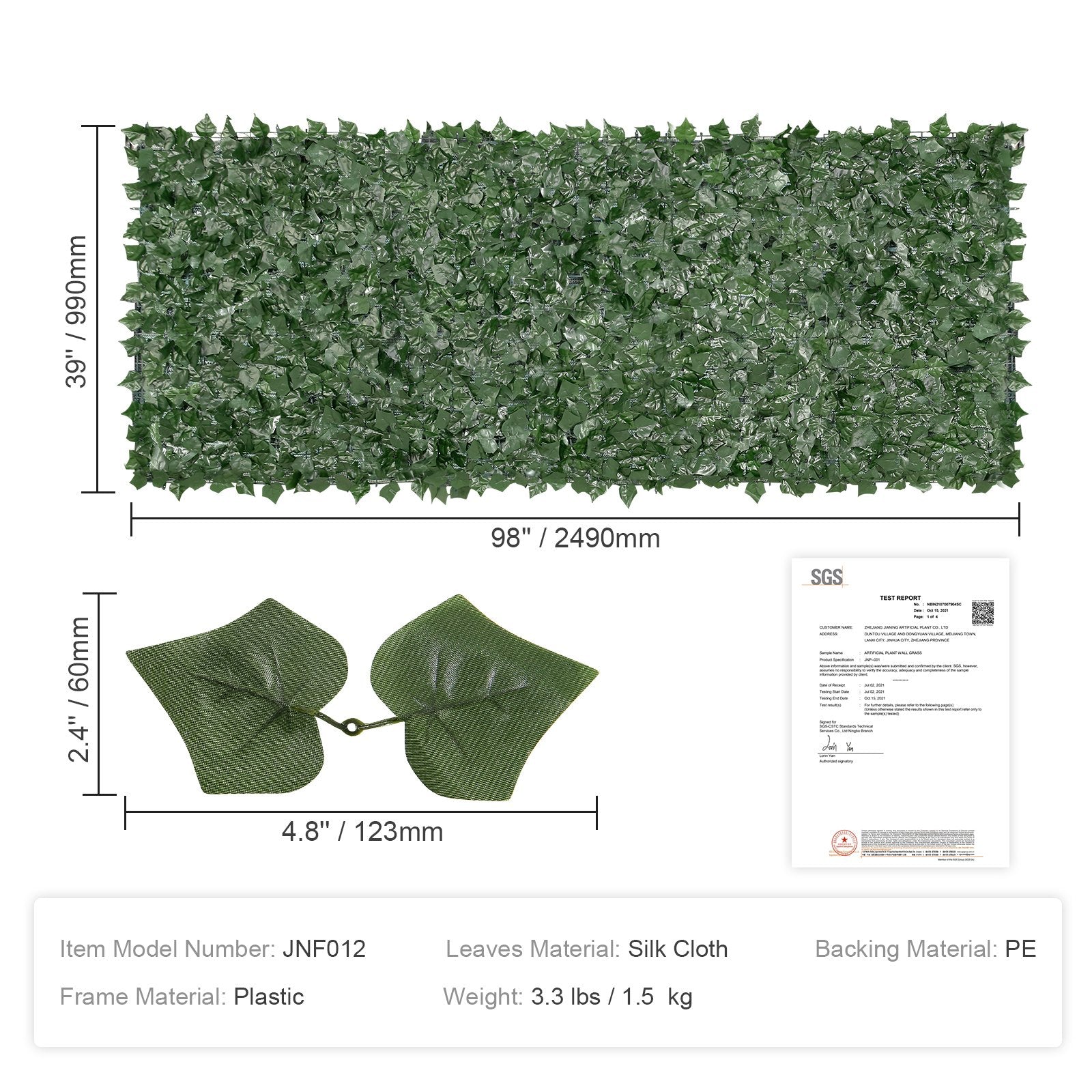 Artificial Wall Plants: VEVOR Ivy Privacy Fence, 990 x 2490 mm  Artificial Green Wall Screen, Greenery Ivy Fence with Mesh Cloth Backing and Strengthened Joint, Faux Hedges Vine Leaf Decoration for Outdoor Garden, Yard