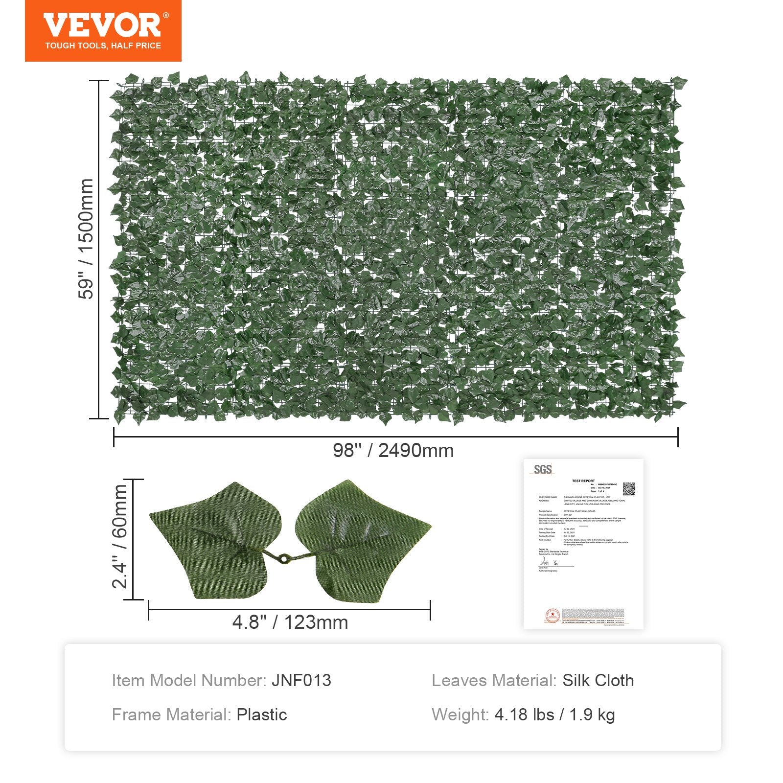 Artificial Wall Plants: VEVOR Ivy Privacy Fence, 1500 x 2490 mm Artificial Green Wall Screen, Greenery Ivy Fence with Strengthened Joint, Faux Hedges Vine Leaf Decoration for Outdoor Garden, Yard, Patio Decor