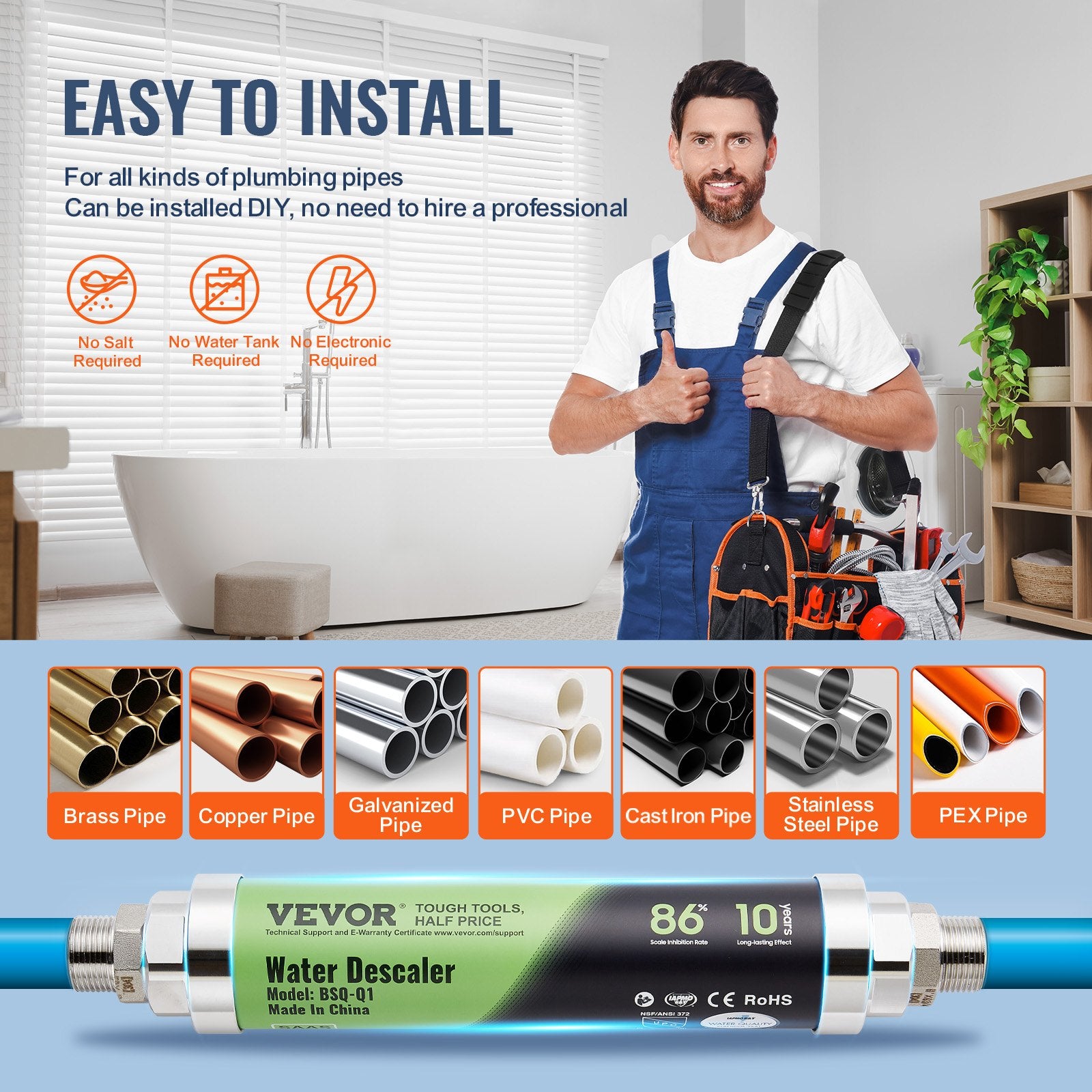 Bath Additives: VEVOR Whole House Salt Free Descaler Physical Scale Descaler System SAAS Alloy