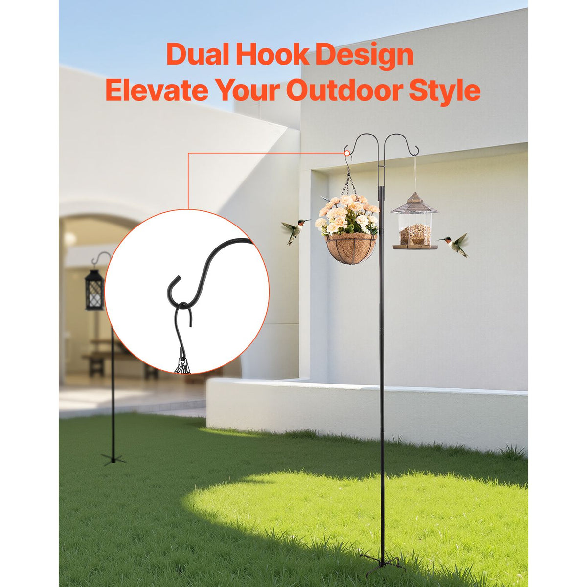 Double Shepherds Hooks for Outdoor, 8 Pack 2730 mm Heavy Duty Bird Feeder Pole, 19 mm Thick Garden Hooks for Hanging Hummingbird Feeder, Plant Baskets, Solar Light Lanterns,Wind Chimes
