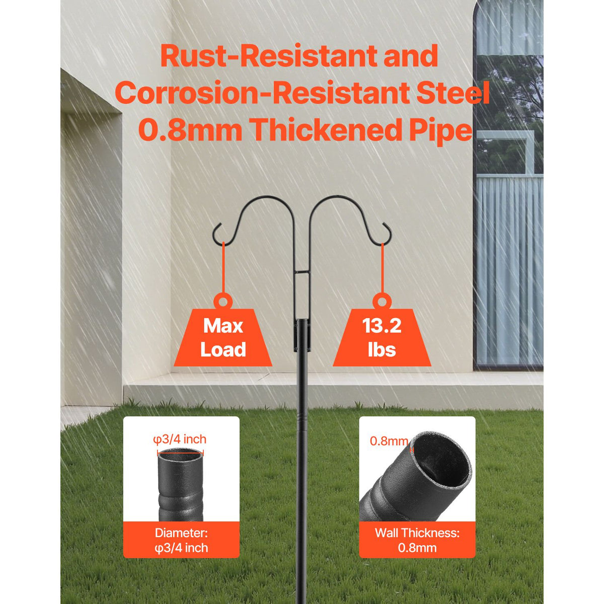 Double Shepherds Hooks for Outdoor, 8 Pack 2730 mm Heavy Duty Bird Feeder Pole, 19 mm Thick Garden Hooks for Hanging Hummingbird Feeder, Plant Baskets, Solar Light Lanterns,Wind Chimes