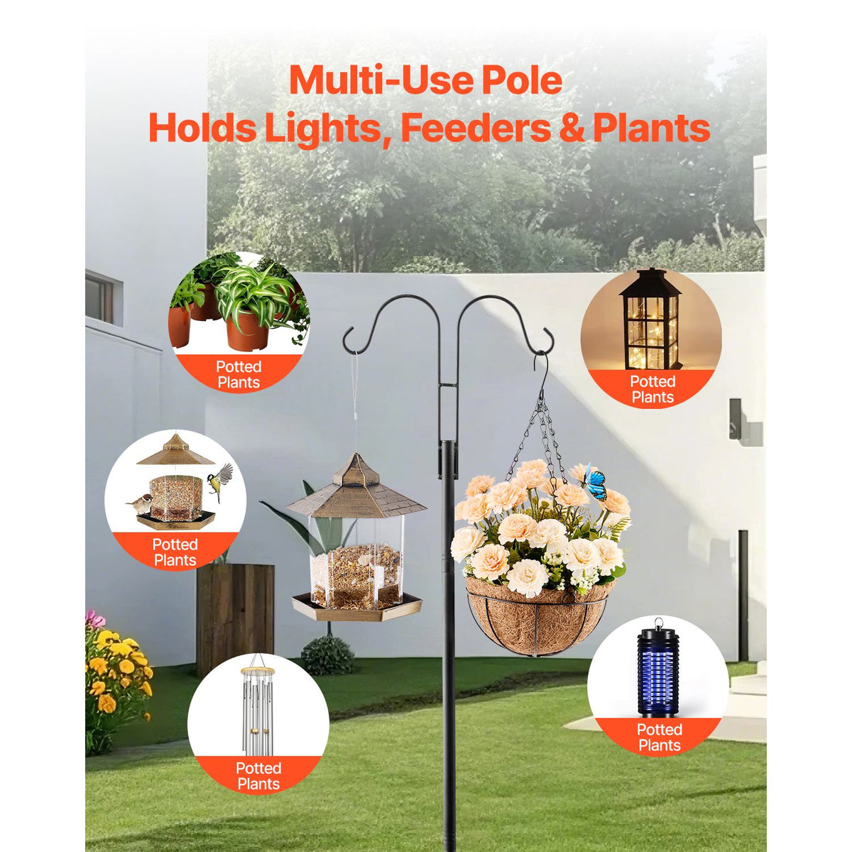 Double Shepherds Hooks for Outdoor, 8 Pack 2730 mm Heavy Duty Bird Feeder Pole, 19 mm Thick Garden Hooks for Hanging Hummingbird Feeder, Plant Baskets, Solar Light Lanterns,Wind Chimes