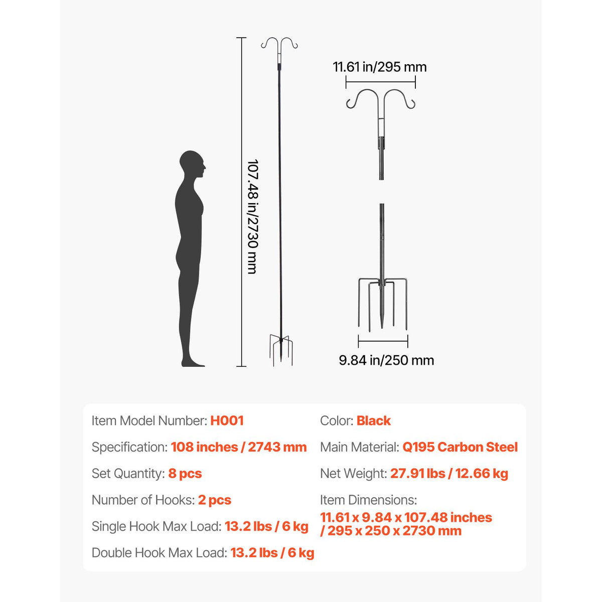 Double Shepherds Hooks for Outdoor, 8 Pack 2730 mm Heavy Duty Bird Feeder Pole, 19 mm Thick Garden Hooks for Hanging Hummingbird Feeder, Plant Baskets, Solar Light Lanterns,Wind Chimes