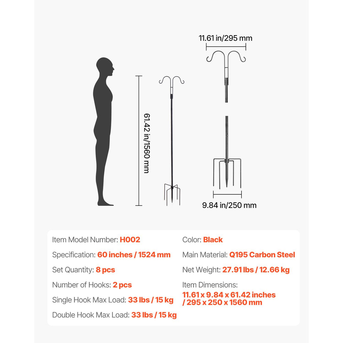 Double Shepherds Hooks for Outdoor, 8 Pack 1560 mm Heavy Duty Bird Feeder Pole, 19 mm Thick Garden Hooks for Hanging Hummingbird Feeder, Plant Baskets, Solar Light Lanterns,Wind Chimes