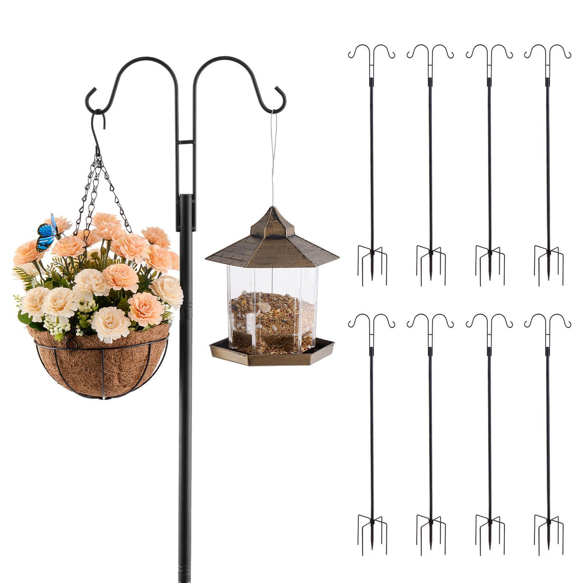 Double Shepherds Hooks for Outdoor, 8 Pack 1560 mm Heavy Duty Bird Feeder Pole, 19 mm Thick Garden Hooks for Hanging Hummingbird Feeder, Plant Baskets, Solar Light Lanterns,Wind Chimes