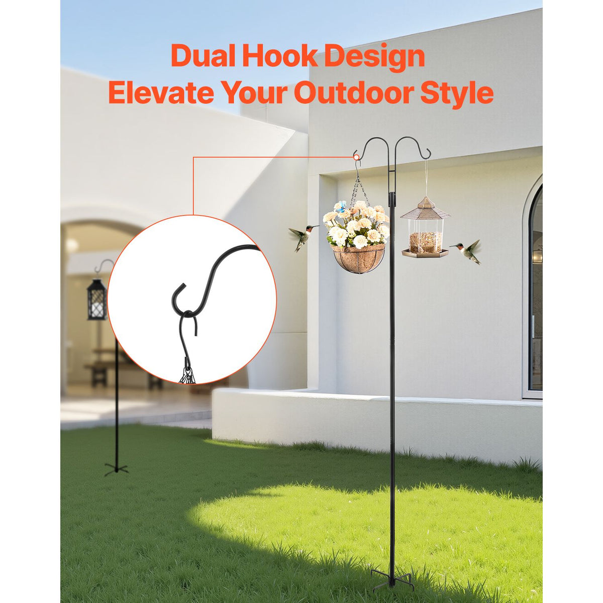 Double Shepherds Hooks for Outdoor, 8 Pack 1950 mm Heavy Duty Bird Feeder Pole, 19 mm Thick Garden Hooks for Hanging Hummingbird Feeder, Plant Baskets, Solar Light Lanterns,Wind Chimes