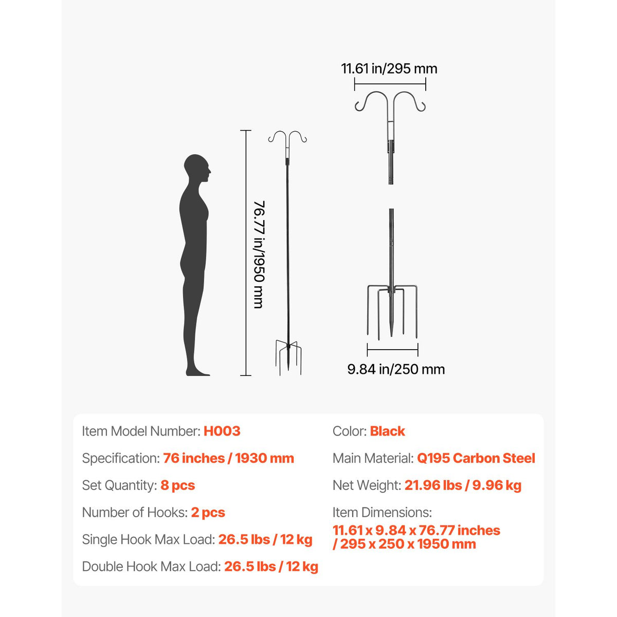Double Shepherds Hooks for Outdoor, 8 Pack 1950 mm Heavy Duty Bird Feeder Pole, 19 mm Thick Garden Hooks for Hanging Hummingbird Feeder, Plant Baskets, Solar Light Lanterns,Wind Chimes