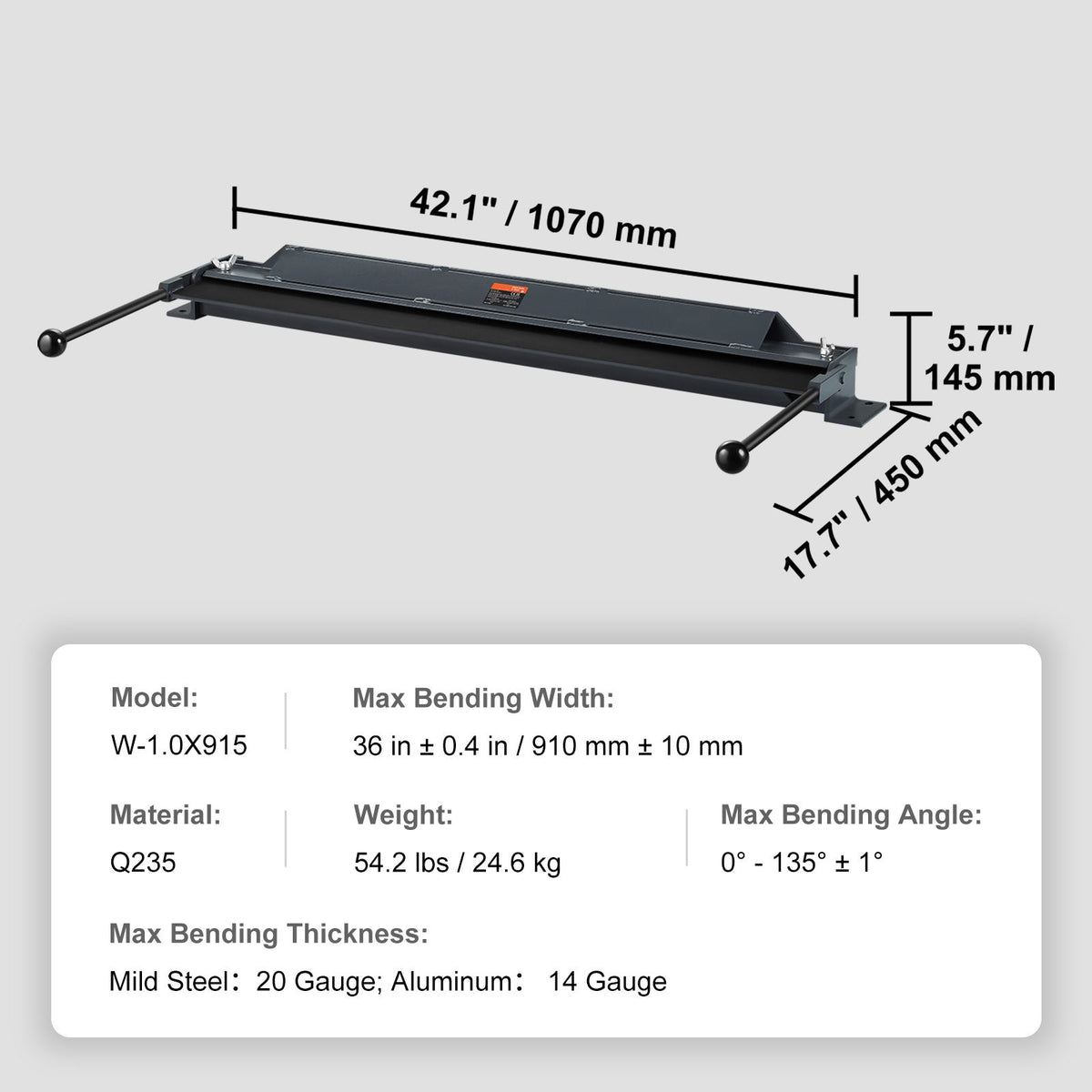 Box and Pan Brake, 910 ± 10 mm, 0-130 Degrees Sheet Metal Bending Brake, Portable Mini Metal Bender with 20 Gauge Low Carbon Steel 14 Gauge Aluminum Capacity Power Handle, for Metal Bending