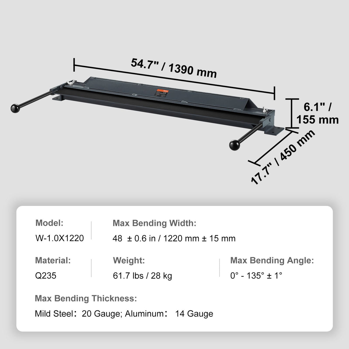 Box and Pan Brake, 1220 mm ± 15 mm, 0-130 Degrees Sheet Metal Bending Brake, Portable Mini Metal Bender with 20 Gauge Low Carbon Steel 14 Gauge Aluminum Capacity Power Handle, for Metal Bending
