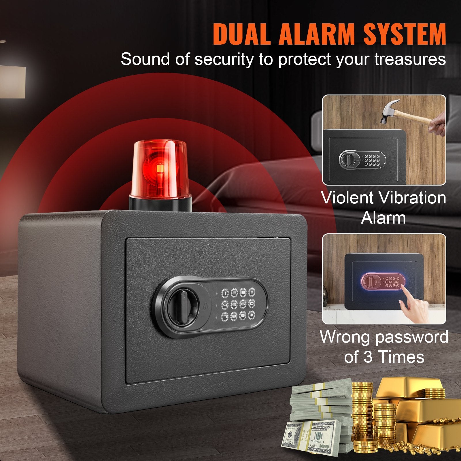 Safe, 0.5 Cubic Feet Home Safe, Steel Security Safe with Digital Keypad and 2 Keys, Wall-Mounted Cabinet Safe Protect Cash, Gold, Jewelry, Documents for Home, Hotel, 350 x 250 x 250 mm