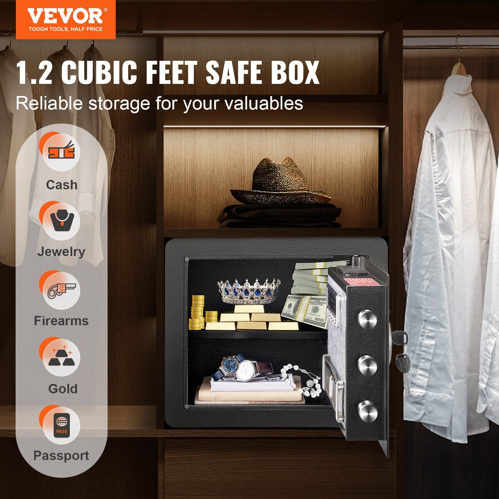 Beds & Bed Frames: VEVOR Safe 1.2 Cubic Feet Home Safe Steel for Cash Gold 15.8x11.8x13.8 inch