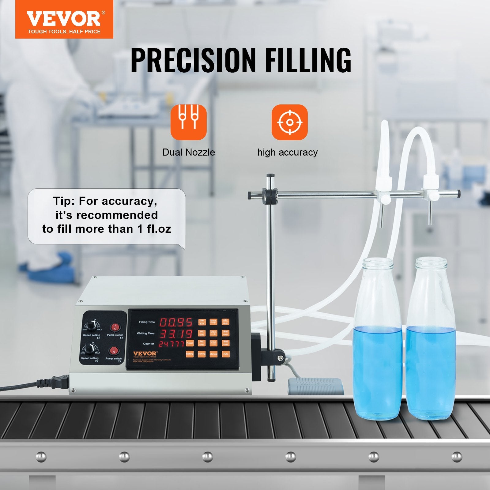 Food Storage: VEVOR Liquid Filling Machine, 10-4000ml Filling Capacity, Automatic Bottle Filler Machine Bottling Machine Digital Control for Milk, Water, Wine, Beverage, Soy Sauce, Vinegar, Alcohol (Double Nozzle)