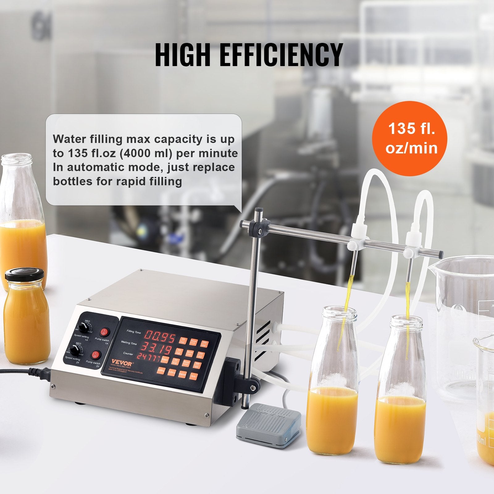Food Storage: VEVOR Liquid Filling Machine, 10-4000ml Filling Capacity, Automatic Bottle Filler Machine Bottling Machine Digital Control for Milk, Water, Wine, Beverage, Soy Sauce, Vinegar, Alcohol (Double Nozzle)