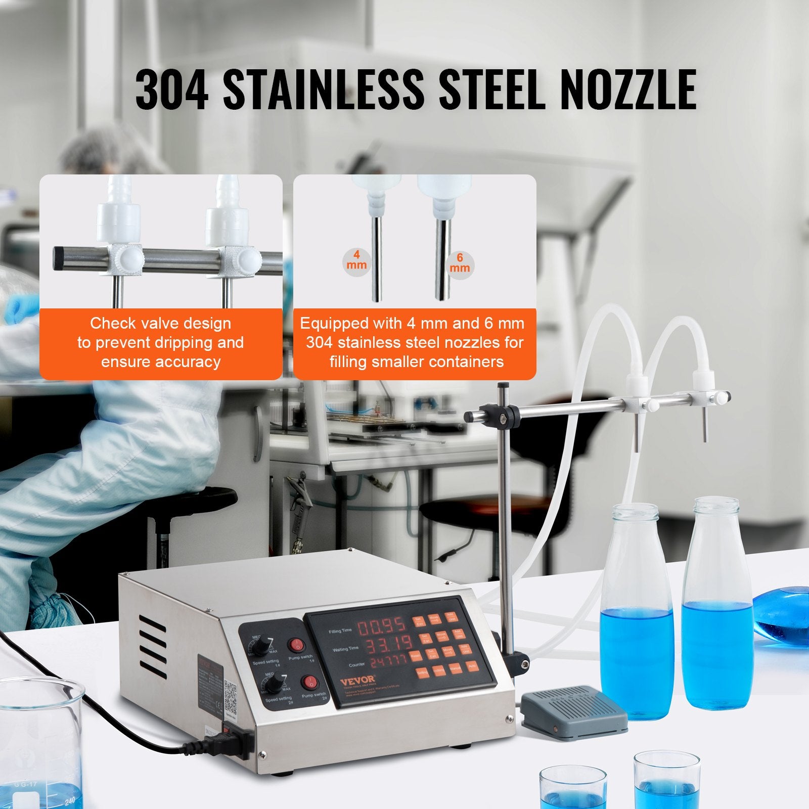 Food Storage: VEVOR Liquid Filling Machine, 10-4000ml Filling Capacity, Automatic Bottle Filler Machine Bottling Machine Digital Control for Milk, Water, Wine, Beverage, Soy Sauce, Vinegar, Alcohol (Double Nozzle)