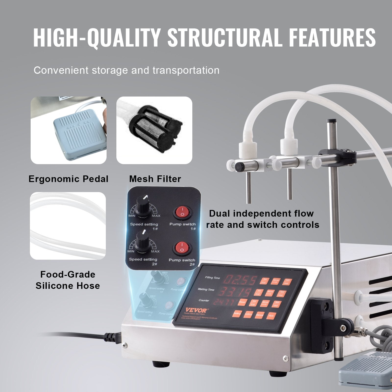 Food Storage: VEVOR Liquid Filling Machine, 10-4000ml Filling Capacity, Automatic Bottle Filler Machine Bottling Machine Digital Control for Milk, Water, Wine, Beverage, Soy Sauce, Vinegar, Alcohol (Double Nozzle)