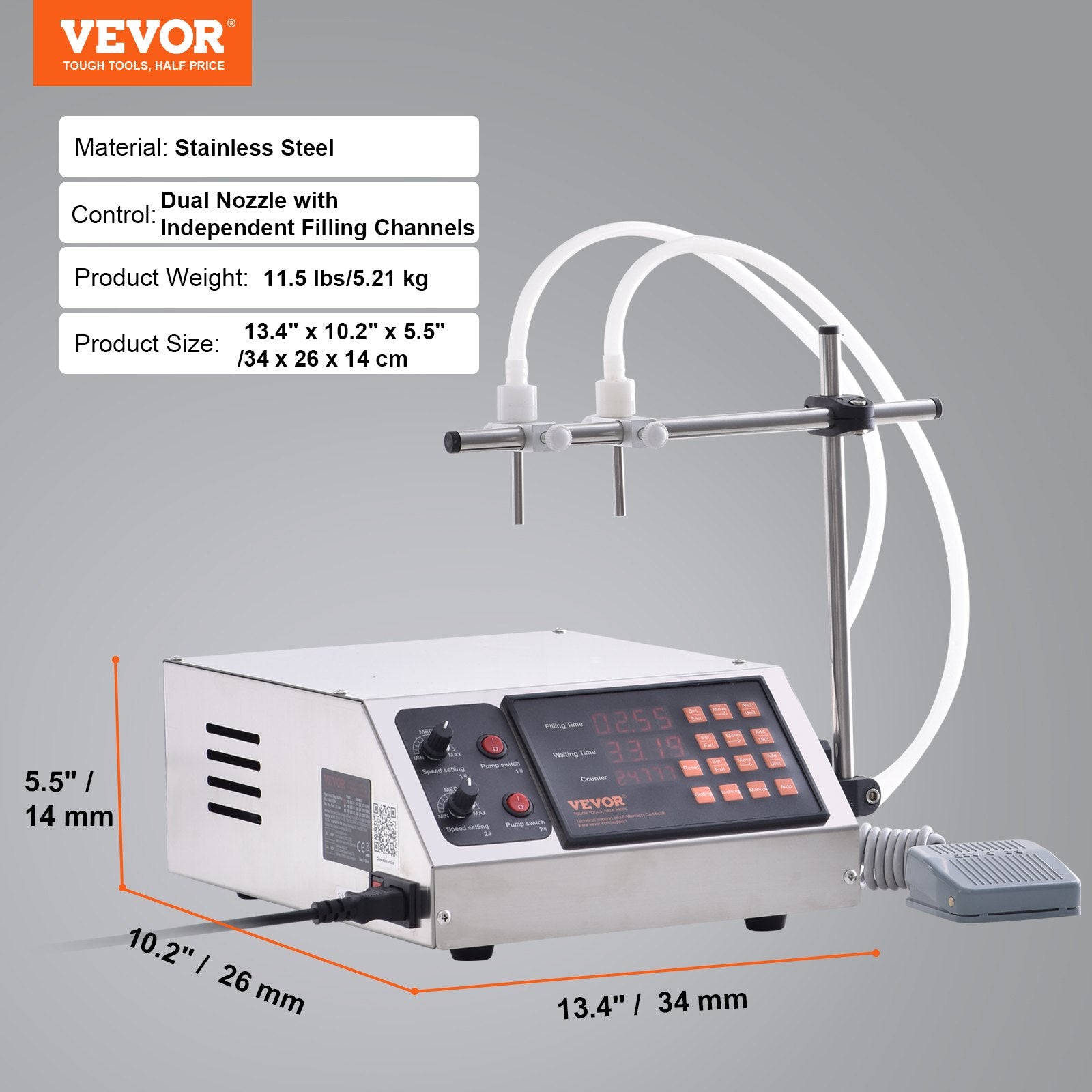 Food Storage: VEVOR Liquid Filling Machine, 10-4000ml Filling Capacity, Automatic Bottle Filler Machine Bottling Machine Digital Control for Milk, Water, Wine, Beverage, Soy Sauce, Vinegar, Alcohol (Double Nozzle)