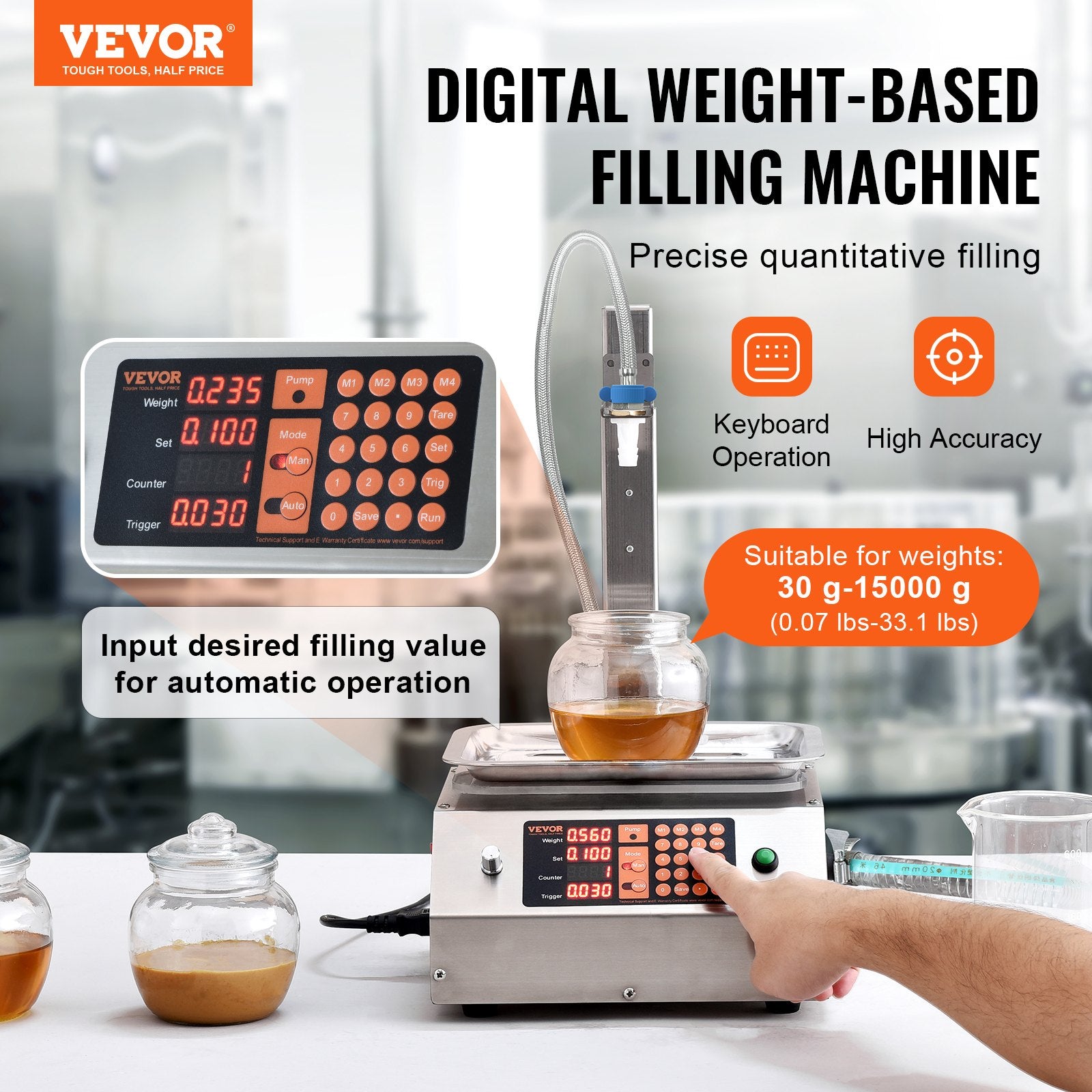 Food Storage: VEVOR Liquid Filling Machine, 30-15000 g Weighing Capacity, Automatic Bottle Filler Machine Bottling Machine Digital Control for Milk, Water, Oil, Wine, Beverage, Detergent, Shampoo (Single Nozzle)